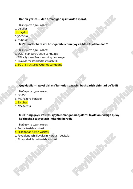 larni to'plashni b. ma'lumotlar ba'zasidan ko'p maqsadda foydalanishni; ma'lumotlarni to'plashni; ma'lumotlarni yig'ishni c. ma'lumotlarni himoyalashni, ma'lumotlar ba'zasidan ko'p maqsadda foydalanishni; ma'lumotlarni to'plashni d. ma'lumotlar ba'zasidan ko'p maqsadda foydalanishni; ma'lumotlarni himoyalashni; ma'lumotlarni tiklashni …. modelda ob`ektlar va ularning o`zaro munosabatlari ikki o'lchovli jadval kurinishida tasvirlanadi. viberite odin otvet: a. relyatsion b. tarqoq c. tarmoqli d. ierarxik sql tilidagi datetime ma’lumot turi. viberite odin otvet: a. o'nli son, p raqam va q ishoradan iborat (0 0 va har xil mbbt larda har xil lekin 4096 dan kam emas). c. sana va vaqt kombinatsiyasi. d. qisqa butun (odatda 5 tagacha qiymatli raqam va ishora). e. etot variant otveta bil udalen posle togo, kak popitka bila nachata. soddalik (prostota), moslanuvchanlik(gibkost), aniqlilik(tochnost), maxfiylik(sekretnost), bog'liklik(svyazannost) parametrlar qaysi ma’lumotlar bazasiga mansub. viberite odin otvet: a. relyatsion ma`lumotlar bazasiga. b. daraxtsimon modelga. c. tarmoqli modelga. d. ma`lumotlar bazasiga. sqlda sum ( ifoda ) distinct ustun nomi formatining vazifasi …
