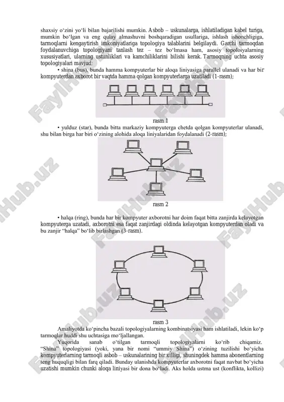 ar marshrutizatorlar yordamida uzatilishi mumkin. lekin ma'lumotni bir mintaqaviy tarmoqdan ikkinchisiga uzatish kerak bo`lsa, bu ma'lumot tarmoqning kirish nuqtasi (network access point yoki qisqacha nap)ga jo`natiladi. bu nuqtadan ma'lumot magistrallar orqali katta tezlikda ikkinchi mintaqaviy tarmoqning kirish nuqtasiga uzatiladi. bu magistrallarda ma'lumotlar 155 mb/s va undan katta tezlikda uzatiladi. hozirgi kunda tezligi 10- 20 gigabit/s bo`lgan va multimedia koridorlari deb ataluvchi magistrallar mavjud. tarmoqning oraliq tugunlari (marshrutizatorlar)da har bar paketning nazorat yig`indisi qayta hisoblanadi. zaruriyat bo`lganda, oraliq tugunlarda ma'lumotlarni uzatish marshruti (yo`li) tarmoq kanallarining zo`riqishining oldini olish maqsadida o`zgartirilishi mumkin. tarmoqlar internet bilan qanday bog`lanadi? internetga chiqishning turli usullari mavjud. ulardan asosiylari quyidagilar:1)internetga ulangan mahalliy tarmoqqa ulanish.2) isp (internet service provider – internet xizmatlari provayderi) larga oddiy telefon liniyasi orqali dial up modemi orqali ulanish.3) dsl (digital subscript line – obunachining raqamli liniyasi) modemi orqali.4) keng polosali kabel orqali.5) optik tolali kabel orqali.6) sun'iy yo`ldosh orqali. 2. mahalliy tarmoqdagi kompyuterlar …