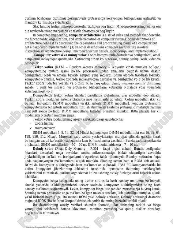 – to`g`ri ekranda yoki tashqi qurilma (chop qiluvchi mexanizm, grafik chizuvchi qurilma, video qurilma va boshqalar) deb ataluvchi qurilmada ko`rilishi mumkin. odatda kompyuterlar ikki qismdan: hardware (kompyuterni tashkil etuvchilari – kompyuterning qattiq qismlari) va software (kompyuterning dastur ta’minoti – kompyuterning yumshoq qismlaridan) tashkil topgan deyiladi. in most cases, computer instructions are simple: add one number to another, move some data from one location to another, send a message to some external device, etc. these instructions are read from the computer's memory and are generally carried out (executed) in the order they were given. however, there are usually specialized instructions to tell the computer to jump ahead or backwards to some other place in the program and to carry on executing from there. these are called "jump" instructions (or branches). furthermore, jump instructions may be made to happen conditionally so that different sequences of instructions may be used depending on the …