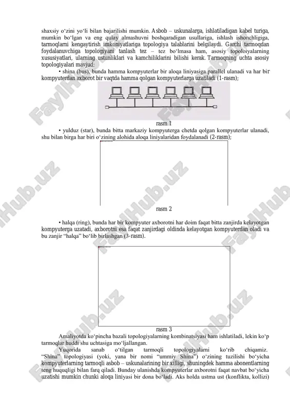 ar marshrutizatorlar yordamida uzatilishi mumkin. lekin ma'lumotni bir mintaqaviy tarmoqdan ikkinchisiga uzatish kerak bo`lsa, bu ma'lumot tarmoqning kirish nuqtasi (network access point yoki qisqacha nap)ga jo`natiladi. bu nuqtadan ma'lumot magistrallar orqali katta tezlikda ikkinchi mintaqaviy tarmoqning kirish nuqtasiga uzatiladi. bu magistrallarda ma'lumotlar 155 mb/s va undan katta tezlikda uzatiladi. hozirgi kunda tezligi 10- 20 gigabit/s bo`lgan va multimedia koridorlari deb ataluvchi magistrallar mavjud. tarmoqning oraliq tugunlari (marshrutizatorlar)da har bar paketning nazorat yig`indisi qayta hisoblanadi. zaruriyat bo`lganda, oraliq tugunlarda ma'lumotlarni uzatish marshruti (yo`li) tarmoq kanallarining zo`riqishining oldini olish maqsadida o`zgartirilishi mumkin. tarmoqlar internet bilan qanday bog`lanadi? internetga chiqishning turli usullari mavjud. ulardan asosiylari quyidagilar:1)internetga ulangan mahalliy tarmoqqa ulanish.2) isp (internet service provider – internet xizmatlari provayderi) larga oddiy telefon liniyasi orqali dial up modemi orqali ulanish.3) dsl (digital subscript line – obunachining raqamli liniyasi) modemi orqali.4) keng polosali kabel orqali.5) optik tolali kabel orqali.6) sun'iy yo`ldosh orqali. 2. mahalliy tarmoqdagi kompyuterlar …