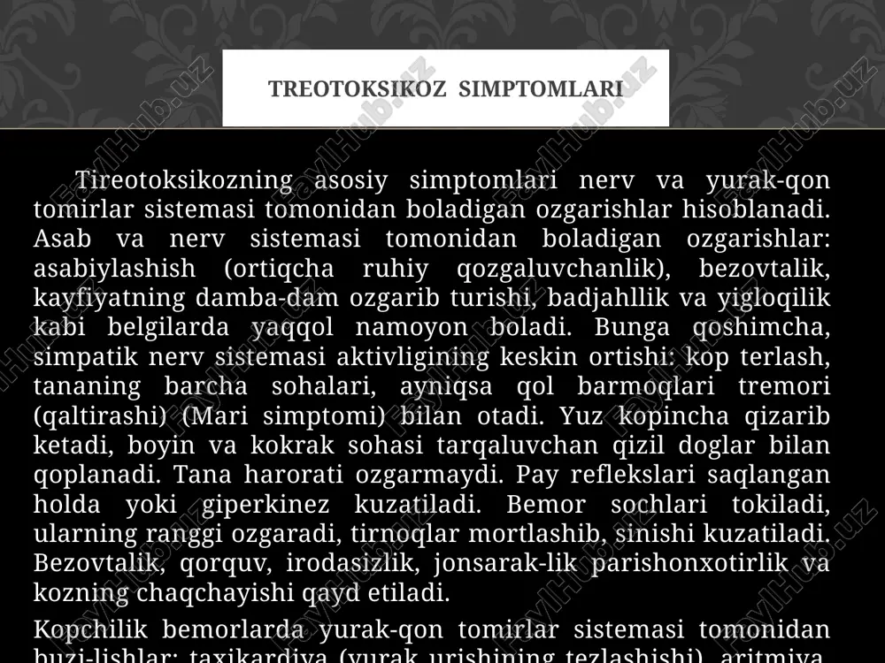 rmon darajasi normal holatga qaytgandan so'ng), odatda 12 haftadan so'ng antitiroid preparatining dozasini kamaytirish mumkin. ta'minot dozalari tiamazol uchun kuniga 5-10 mg, propiltiourasil uchun kuniga 50-200 mg. keyin har 3 oyda bir marta shifokorga tashrif buyurish tavsiya etiladi. antitiroid dorilarning eng jiddiy yon ta'siri - bu davolashning dastlabki 3 oyida rivojlangan (ammo har doim ham emas) agranulotsitoz (qondagi neytrofillar sonining keskin pasayishi). propiltiourasil va tiamazol bir xil chastotada agranulotsitozni keltirib chiqaradi - 0,1-0,5%. tiamazolni keltirib chiqaradigan agranulotsitoz xavfi dozaga bog'liq; kuniga 30 mg dan kam dozalarda bu nojo'ya ta'sir kamdan-kam uchraydi. propiltiourasil uchun dozaga bog'liqlik yo'q edi. har bir bemorga isitma yoki tomoq og'rig'i paydo bo'lsa, antitiroid preparatini qabul qilishni to'xtatish va darhol shifokor bilan maslahatlashish kerakligi haqida ogohlantiriladi. antitiroid dorilar farmako-terapevtik guruh: antitiroid preparati farmakologik ta'sir tiroidga qarshi dori. qalqonsimon bezdagi tironinni yodlashda triiodin va tetraiodotironin hosil bo'lishi bilan bog'liq bo'lgan peroksidaza fermentini blokirovka qilish orqali tiroid gormonlarining sintezini …