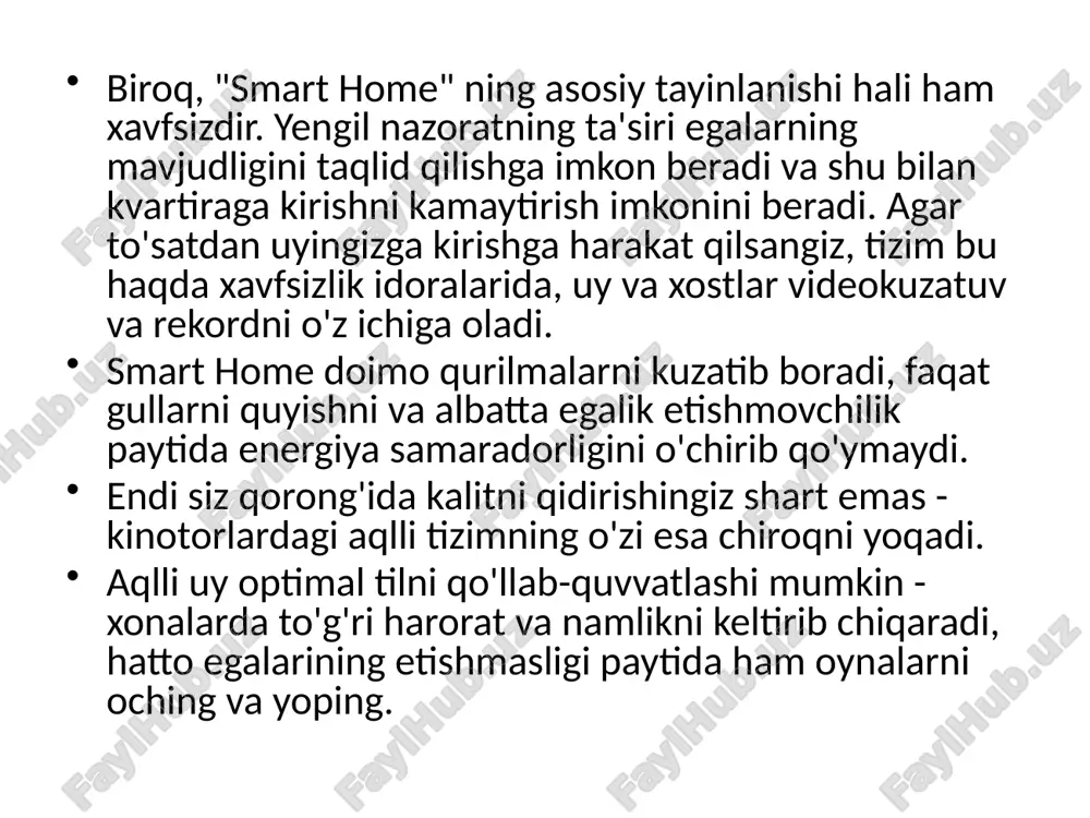 tgani tushunilishi kerak. ba'zi protokollar eskirgan, yangi odamlar siljishga kelishadi. shuning uchun hayotni davom ettirish uchun siz yangilanishlarga amal qilishingiz kerak. avtomatlashtirilgan uyning tarkibi kontrollerlar. bular bajaradigan qurilmalar alohida elementlar yagona kompleksda tizimlar. shuningdek, nazoratchilar aholini avtomatlashtirishni boshqarish qobiliyatiga ega. sensorlar. ushbu qurilmalar atrof-muhitdan ma'lumotni o'qib, uning o'zgarishini kuzatib boradi. signallar sensorlardan boshqaruvchiga keladi, ularni qayta ishlaydi va aasuz stsenariysiga muvofiq harakat qiladi. aktuator. ushbu bo'lim o'z ichiga tizim buyruqlarini bajaradigan ijrochi asboblarni o'z ichiga oladi. bular mexanik drayverlar, kalitlar, o't o'chiruvchilar sirenlar, quvurlar va boshqa qurilmalardagi klapanlardir. motion sensorlari va boshqa sensorlardan signallarni boshqaruvchiga, radiokanal bo'yicha aloqada, radiokanal bo'yicha aloqada ko'proq ishlatiladi. uy komplekslari 869 mhz, 868 mgts va 2,4 gigarlar kabi standartlarga tarqatiladi. oddiy radioaloqadan tashqari, wi-fi va bluetooth protokollari orqali ma'lumot uzatish qo'llaniladi. xavfsizlik konsoli yoki binoning egasi to'g'risidagi ma'lumotlarni uzatish internet aloqasi yoki mobil aloqa yordamida amalga oshiriladi. sensorlar turlari smart uyda, turli xil sensorlardan o'nlab …