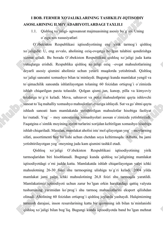 jaligi yalpi mahsulotining o`sish sur`ati, % 103,2 104,5 106,1 107,3 110,1 3. paxta tolasi va oziq-ovqat mahsulotlarining yalpi eksportdagi salmog`i, % 32,9 25,9 25,9 22,5 21,9 4. qishloq xo`jaligi mehnat resurslarining salmog`i, % 29,7 29,6 29,1 28,3 28,4 jadval ma`lumotlaridan ko`rinib turibdiki qishloq xo`jaligi o`zbekiston respublikasi iqtisodiyotining eng yirik tarmog`i hisoblanib, yildan yilga uning ulushi kamayib bormoqda. bu borada shuni ta`kidlash lozimki 2000-2004 yillarda qishloq xo`jaligida barqaror qsish yuz berdi. mamlakat iqtisodiyotida sanoatning, xizmat ko`rsatish tizimining nisbatan tez rivojlanib borishi tufayligina qishloq xo`jaligining ulushi kamaygan. bu juda ijobiy jarayon hisoblanadi. mamlakat iqtisodiyoti jadal o`sib borgan sari unda qishloq xo`jaligining ulushi kamayib boradi. natijada rivojlangan sanoatlashgan, xizmat ko`rsatish sohalari taraqqiy topgan mamlakatga aylanishimiz ta`minlanadi. mamlakatda olib borilayotgan iqtisodiy, ijtimoiy islohotlarning muvaffaqiyati ko`p jihatdan qishloq ho`jaligining rivojlanish darajasiga bog`liq. chunki qishloq ho`jaligi mamlakatimiz uchun ham siyosiy, ham iqtisodiy va ijtimoiy ahamiyat kasb etgan soha bo`lib, u quyidagi funksiyalarni bajaradi: · mamlakatmizni oziq …