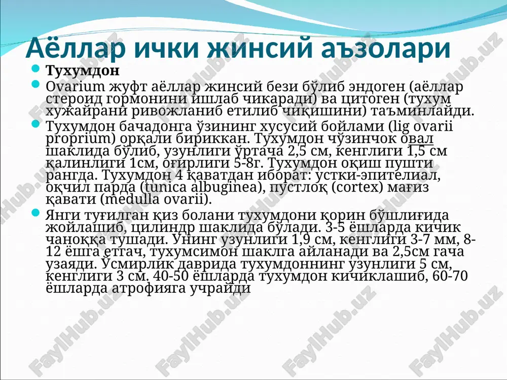 i chukurchasini urab turadi. lablarning yukori kismlari klitorga yunalib, ikki oyokchaga bulinadi. tashki oyokchalar klitorni yon tomonidan aylanib, uzaro birikadi. ichki oyokchalar klitorni ostida birikib, klitor oyokchasini xosil kiladi. yangi tukilgan kiz bolalarni katta jinsiy lablari kichik jinsiy lablarini tulik yopib turmaydi. klitor (clitoris) erlik olati g'ovak tanasiga o'xshagan juft g'ovak tanadan iborat bo'lib, jinsiy yoriqning oldingi burchagida joylashgan. uning uzunligi 2,5-3,5sm. klitorda juda ko'p qon tomir va nerv shoxlari mavjudligi sababli uni jinsiy sezish a'zosi xam deyiladi. qin daxlizi (vestibulum vaginae) qayiqsimon chuqurlik, yon tomondan kichik jinsiy lablar, pastdan qin daxlizi chuqurchasi, yuqoridan klitor bilan chegaralanadi. uning tubiga qizlik pardasi yoki qin teshigi, siydik chiqarishi kanalining tashqi teshigi, katta va kichik daxliz bezlarining naychalari ochiladi. siydik chikaruv kanali (urelra) kovuqdan boshlanib, qin daxlizining yuqori kismiga klitordan 1,5-2sm pastda ochiladi. ayollarning siydik chikaruv kanali qisqa va old tomonga bukilgan nay bo'lib, uzunligi 2,5-3,5sm, kengligi 8-12 mm. qin daxlizi (vestibulum vaginae) …