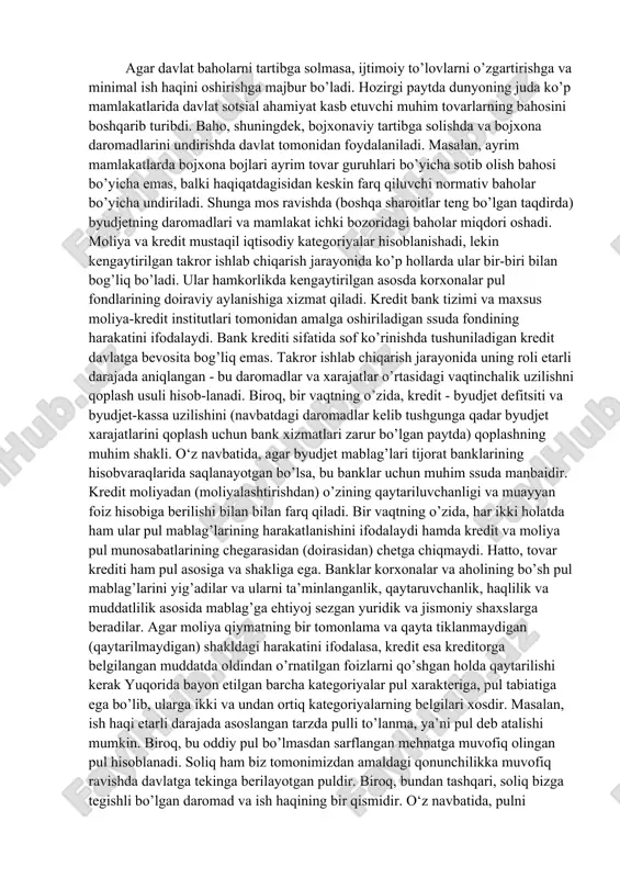 sharoitida baho nafaqa va hatto minimal ish haqini aniqlashda hal qiluvchi ahamiyatga ega bo’lgan ko’rsatkich hisoblanadi. agar davlat baholarni tartibga solmasa, ijtimoiy to’lovlarni o’zgartirishga va minimal ish haqini oshirishga majbur bo’ladi. hozirgi paytda dunyoning juda ko’p mamlakatlarida davlat sotsial ahamiyat kasb etuvchi muhim tovarlarning bahosini boshqarib turibdi. baho, shuningdek, bojxonaviy tartibga solishda va bojxona daromadlarini undirishda davlat tomonidan foydalaniladi. masalan, ayrim mamlakatlarda bojxona bojlari ayrim tovar guruhlari bo’yicha sotib olish bahosi bo’yicha emas, balki haqiqatdagisidan keskin farq qiluvchi normativ baholar bo’yicha undiriladi. shunga mos ravishda (boshqa sharoitlar teng bo’lgan taqdirda) byudjetning daromadlari va mamlakat ichki bozoridagi baholar miqdori oshadi. moliya va kredit mustaqil iqtisodiy kategoriyalar hisoblanishadi, lekin kengaytirilgan takror ishlab chiqarish jarayonida ko’p hollarda ular bir-biri bilan bog’liq bo’ladi. ular hamkorlikda kengaytirilgan asosda korxonalar pul fondlarining doiraviy aylanishiga xizmat qiladi. kredit bank tizimi va maxsus moliya-kredit institutlari tomonidan amalga oshiriladigan ssuda fondining harakatini ifodalaydi. bank krediti sifatida sof ko’rinishda tushuniladigan …