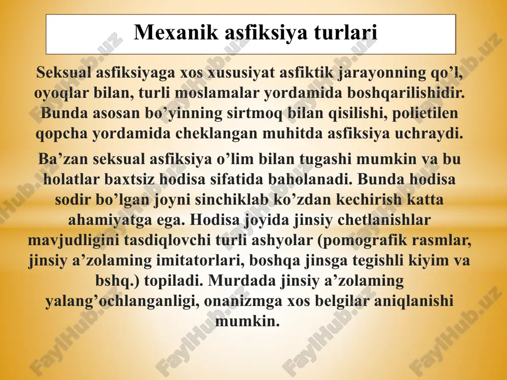 an, yotgan holdagi osilishlar farqlanadi. sirtmoqning tortilib, qon tomir va nervlaming qisilishi uchun katta kuch talab etilmaydi. jumladan, tizzalarga tayanib osilishda sirtmoq tana massasining 20% iga teng, yotgan holda esa faqat boshning massasiga (4-5 kg) teng kuch ta’sirida tortiladi. osilish osilishda sirtmoq tugunining bo’yindagi holatiga qarab, sirtmoq tugunining tipik – orqa sohasida va atipik – old, yon sohalarida joylashuvi farqlanadi. osilish osilishdan farqli ravishda strangulyatsion asfiksiyaning bu turida sirtmoq tana yoki uning qismlarining og’irligi hisobiga emas, balki o’zga kuchning ta’sirida qisiladi. aksariyat holatlarda bo’yinning sirtmoq bilan qisilishi qotillikda kuzatiladi. ba’zan bo’yinning sirtmoq bilan qisilishi bo’yindagi kiyim elementlarining (ro’mol, sharf, galstuk) harakatdagi mexanizmlarga ilakishib qolishi natijasida baxtsiz hodisa ko’rinishida uchrashi mumkin. kamdan kam holatlarda o’z-o’zini o’ldirish bo’yindagi sirtmoqni turli moslamalar yordamida qisilishi orqali amalga oshirilishi mumkin. bo‘yinning sirtmoq bilan qisilishi bo’yinni qo’l bilan bo’g’ish odatda qotillik alomati bo’lib, bunda shikastlanishning vujudga kelish mexanizmi osilish va bo’yinning sirtmoq bilan bo’g’ilishiga o’xshash bo’lsada, …