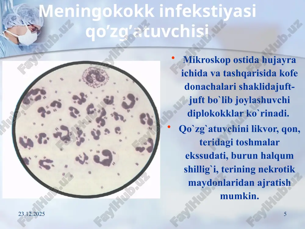 meningokokk infekstiyasini davolash asoslari barcha mi bemorlari yoki gumon qilinganlar tezda kasalxonaga yotkizish. og’ir shakllarini davolash ridb (orit) olib borilishi shart. generalizastiyalashgan shakllari – penistillinning natriyli tuzlari katta dozalarda (200-400 ming/kg vazn sutka) xar 4 soat m/o, yarim sintetik penistillinlar. penistillinga sezgir bemorlarga levomistetin sukstinat sutkada 50-100 mg/kg vazn dozasida v/i yoki m/o tavsiya etiladi. dezintoksikastion terapiya - 5-10% glyukoza, reosorbilakt, reopoliglyukin va boshqalar v/i. degidratastion terapiya- laziks, furosemid, diakarb va boshqalar. glyukokortikosteroidlar – prednizolon, deksametazon 1-3 kun davomida. simptomatik terapiya 01.06.2020 32 meningokokkli infekstiyani profilaktikasi bemorlarni va bakteriya tashuvchilar erta alohidalash. bemor aniqlangan jamoada 10 kun muddat davomida xar kungi termometriya va teri, burun-halqum kurigi. muloqotdagilarga – burun-halqumdan 3-7 kun oralatib kamida 2 marta bak.ekma. muloqotdagilarga profilaktika maqsadida 1,5 - 3,0 ml dozada normal immunoglobulin yuboriladi. bemorlar tuliq tuzalgandan so’ng kasalxonadan chiqariladi. aktiv immunizastiya uchun vakstina yuboriladi: a-vakstina (rossiya),v-vakstina, vamegoc bs (kuba), divalent “meningo a+s” franstiya. 01.06.2020 33 e’tiboringiz …