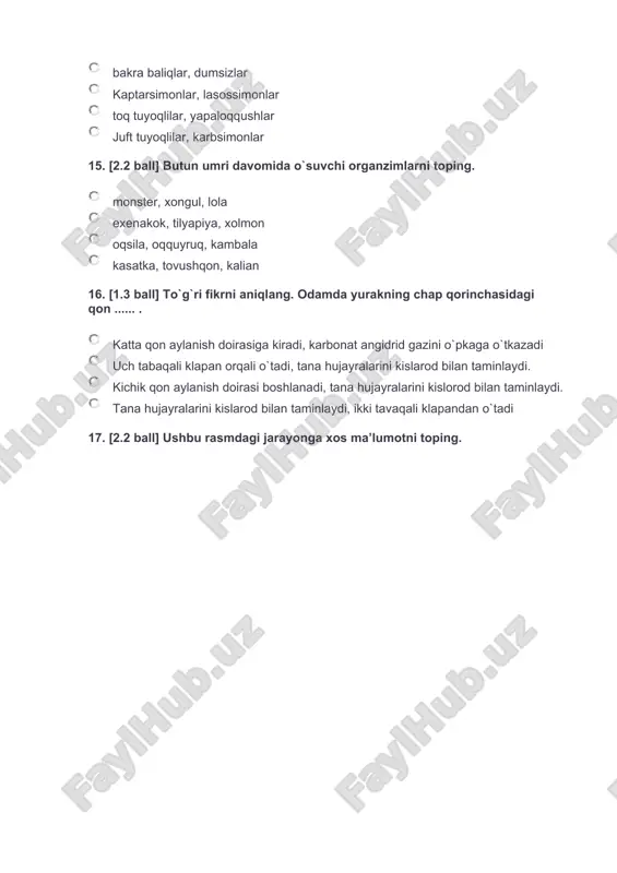 .nerv nayining paydo bolishi;4.katta va kichik qon aylanish sistemasining paydo bolishi;5.uchinchi qovoqni paydo bo`lishi. 1,2,3,4,5 5,4,3,2,1 3,1,4,5,2 1,3,4,2,5 25. [2.2 ball] hayvonlarning kelib chiqishi haqida to’g’ri malumotni toping. hashoratlar –tuban tuzilgan halqalilardan kelib chiqqan; trilobitsimonlar-halqali chuvalchanglardan kelib chiqqan. hashoratlar-qisqichbaqasimonlardan kelib chiqqan; bo’g’imoyoqlilar –tuban tuzilgan halqali chuvalchanglardan kelib chiqqan. yasi chuvalchanglar – bo’shlig’ichlilardan kelib chiqqan; trilobitsimonlar –qisqichbaqasimonlardan kelib chiqqan. yasi chuvalchanglar – gidrasimonlardan kelib chiqqan ; trilobitsimonlar – halqali chuvalchanglardan kelib chiqqan. 26. [2.2 ball] chala o`zgarish bilan rivojlanuvchi hasharotlar turlari (sistematik birlik nomi) keltirilgan javobni aniqlang. termitlar, qandalalar, ninachilar, to`g`riqanotlilar yashil terimichak, qora chirildoq, sariq suvarak, suluv ninachi, to`shak qandalasi hasva qandalasi, turkiston termiti, to`g`ri qanotlilar, moviy ninachi suvaraklar, chalaqattiqqanotlilar,ninachilar, to`g`riqanotlilar, burgalar 27. [2.2 ball] nuqtalar o`rniga mos keluvchi javobni toping. kimyoviy evolutsiya ……. paydo bo`lishi bilan o`z o`rnini biologik evolutsiyaga bo`shatib berdi. anerob organizmlar paydo bo`lishi bo`linish hodisasi matritsali sintez membrana paydo bo`lishi 28. [2.2 ball] erkaklarida bir juft …