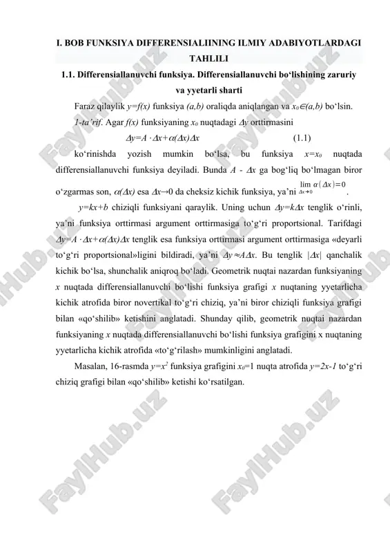 vishda m va k bilan belgilaylik. unda ms=x, ks=y bo‘ladi. f(x) funksiya x nuqtada chekli f’(x) hosilaga ega bo‘lgani uchun f(x) funksiya grafigiga uning m(x,f(x)) nuqtasida o‘tkazilgan ml urinma mavjud va bu urinmaning burchak koeffitsienti tg=f’(x). shu ml urinmaning ks bilan kesishgan nuqtasini e bilan belgilaylik. ravshanki, mes dan bundan es=mstg=f’(x)x ekani kelib chiqadi. demak, f(x) funksiyaning x nuqtadagi differensiali dy=f’(x)x funksiya grafigiga m(x,f(x)) nuqtada o‘tkazilgan urinma orttirmasi es ni ifodalaydi. differensialning geometrik ma’nosi aynan shundan iborat. 18-rasm 3. differensialning fizik ma’nosi. moddiy nuqta s=f(t), bu erda s –bosib o‘tilgan yo‘l, t-vaqt, f(t)-differensiallanuvchi funksiya, qonuniyat bilan to‘g‘ri chiziqli harakatlanayotgan bo‘lsin. t vaqt oralig‘ida nuqta s=f(t+t)-f(t) yo‘lni bosib o‘tadi. yo‘lning bu orttirmasini s=f’(t)t+(t)t ko‘rinishda ifodalashimiz mumkin. bu yo‘lni nuqta biror o‘zgaruvchan tezlik bilan bosib o‘tgan. agar t vaqt oralig‘ida nuqta o‘zgarmas f’(t) tezlik, ya’ni t vaqtdagi tezligiga teng tezlik bilan harakatlandi desak, bu holda bosib o‘tilgan yo‘l f’(t)t ga teng bo‘ladi. …