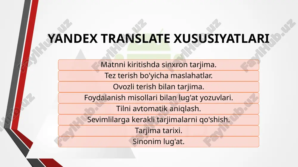 i. yandex.translator rus tilida so'zlashadigan foydalanuvchiga va matnlarni xorijiy tillarga tarjima qilish bilan bog'liq muammolarni hal qilishga qaratilgan va aksincha. albatta, xizmat mutaxassis tarjimon aniqlik bilan ishlashga qodir emas, ammo doimiy takomillashib boruvchi algoritmlar unga o'xshash dasturlar va xizmatlar bilan raqobatlashishga imkon beradi. e`tiboringiz uchun rahmat! image2.png image3.png image4.png image5.png image6.jpeg image7.png image8.png image9.png image10.png image11.png image12.png image14.png image15.jpeg image16.png image17.png image18.png image19.jpeg /docprops/thumbnail.jpeg