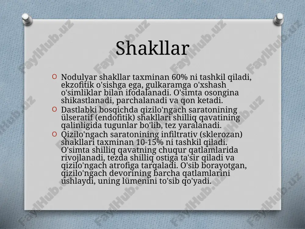 alari amalga oshiriladi. ushbu operativ kirish qizilo'ngachni atrofdagi to'qimalar va mintaqaviy limfa tugunlari bilan birga mobilizatsiya qilish imkonini beradi. qorin bo'shlig'i kesmasi orqali oshqozon va qorin bo'shlig'i qizilo'ngachiga yaxshi kirish imkoniyati yaratiladi. bu sizga oshqozonni safarbar qilish va limfa tugunlarini olib tashlash imkonini beradi. qizilo'ngach olib tashlangandan so'ng, plevra bo'shlig'iga qizilo'ngach-oshqozon anastomozini qo'yish bilan uning mobilizatsiya qilingan oshqozoni bilan bir bosqichli plastisiya amalga oshiriladi (lyuisga ko'ra). transplevral kirishning kamchiliklari nafas olish asoratlarining tez-tezligi va yuqori o'lim darajasi (15-30%), plevra bo'shlig'ida anastomoz choklarining ajralib chiqish xavfi va anastomoz darajasida saratonning qaytalanishi, reflyuks ezofagitidir. fotodinamicheskaya terapiya fotodinamik terapiya - bu to'lqin uzunligi 630 nm bo'lgan lazer nurlari yordamida ilgari fotosensibilizatorlar bilan sensibilizatsiya qilingan o'simtani qisman yo'q qilish usuli. fotosensibilizator sifatida gematoporfirin, aminolevulin kislota va boshqalar hosilalari ishlatiladi.fotosensibilizatorlar sog'lom to'qimalarga qaraganda yuqori konsentratsiyalarda o'smalarda tanlab to'planadi. nurlanish ta'sirida o'simtada faol radikallar hosil bo'lib, o'simta to'qimalarini lazer nurining (3-4 mm) kirib borish chuqurligiga qadar …