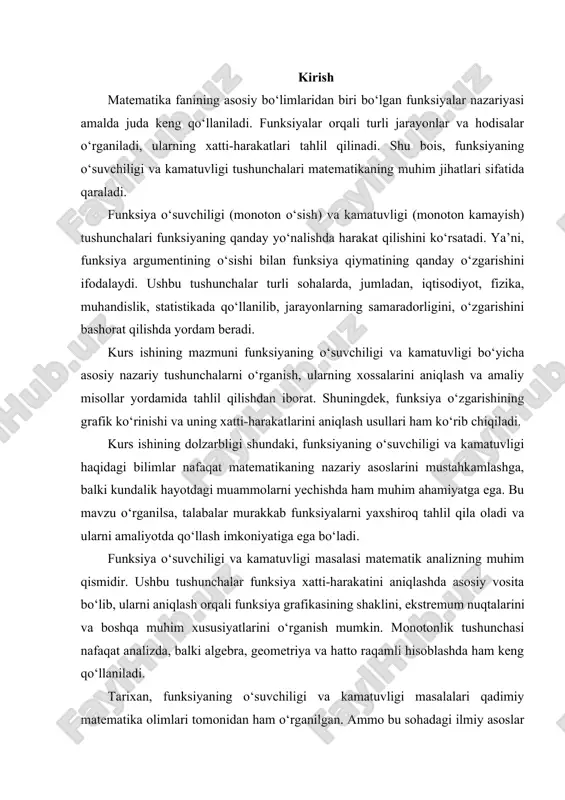 di. bunda x-argument, f,g,v ,...funksiya hisoblanadi. funksiya so`zi lotincha “function”so‘zidan olingan bo`lib,u sodir bo‘lish, bajarish degan ma‘nolarni bildiradi. ta‘rif. agar a to‘plamning har bir elementiga b to‘plamning biror elementi mos qo‘yilsa, a to‘plam b to‘plamga akslantirilgan deyiladi.odatda akslantirishlar f, g, h kabi harflar bilan belgilanadi.f : a, b kabi yoziladi.bizga x va y bo‘sh bo‘lamagn to‘plam berilgan bo‘lsin. ta‘rif. agar x sonlar to‘plamning har bir elementiga y sonlar to‘plamning yagona elementiga biror qonuniyat bo‘yicha akslanishi funksiya deyiladi.y o‘zgaruvchi x ning funksiyasi ekanligini y=f(x) ko‘rinishda belgilaymiz. x ni shu funksiyaning aniqlanish sohasi deb, (d(f)), y to‘plam f(x) funksiyaning o‘zgarish sohasi yoki qiymatlar sohasi deyiladi. e(f) ko‘rinishda belgilanadi. misol uchun: x={1,2,3} va y={a,b,c} f:x→y akslantirishini ko‘rib chiqamiz. bu yerda f funksiyasi x to‘plamining har bir elementini y to‘plamining biror elementiga moslaydi. masalan, quyidagi tarzda akslantirishni belgilashimiz mumkin: f(1) = a f(2) = b f(3) = c bu funksiya ham x to‘plamining har …