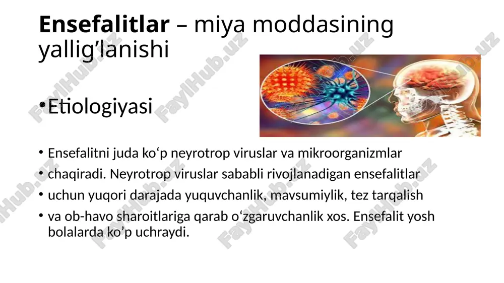 demiyasi 1915-yili varden qal’asini himoya qilayotgan fransuz askarlari orasida tarqalgan. jang maydonidagi askarlar xandaqlarda uxlab qolishavergan. etiologiyasi. kasallikni chaqiruvchi virus aniqlanmay qolgan. kasallanish, asosan, kech kuz va qish oylariga to‘g‘ri keladi. kasallik havo200 tomchi yo‘li orqali yuqadi. kasallikning yashirin davri 14 kungacha. klinika kasallik o‘tkir boshlanadi. tana harorati 39–40°c ga ko‘tariladi. yuqori nafas yo‘llarida o‘tkir respirator infeksiyaga xos simptomlar, ya’ni bosh og‘riq, holsizlik, uyquchanlik, ko‘ngil aynish va qusish paydo bo‘ladi. mushaklar tortishib, og‘riy boshlaydi. tana harorati 2 hafta mobaynida yuqori darajada saqlanib turadi kasallikning o‘tkir davri uchun xos bo‘lgan yana bir simptom – bu diplopiya. diplopiya ko‘zni harakatlantiruvchi nerv yadrolari zararlanishi natijasida paydo bo‘ladi. diplopiya bilan birgalikda, ikkala ko‘zda ham yarim ptoz holati, ko‘z harakatlarining chegaralanishi, konvergensiya va akkomadatsiyaning buzilishi kuzatiladi. qorachiqlarning akkomadatsiya va konvergensiya reaksiyasining yo‘qolib, yorug‘likka esa saqlanib qolishi epidemik ensefalit uchun juda xosdir. bu simptomlar majmuasi arjil-robertson teskari simptomi deb ataladi. ekonomo ensefaliti uchun letargiya naqadar xos …