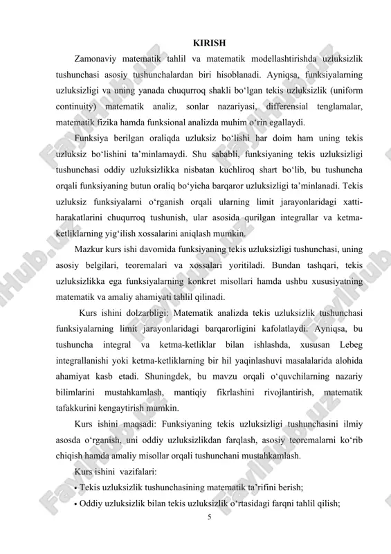 siyaning uzilish nuqtasi deyiladi. 7-ta’rif. agar (3) limitlar mavjud va chekli bo‘lib, (4) tengliklarning birortasi o‘rinli bo‘lmasa, nuqta funksiyaning birinchi tur uzilish nuqtasi deyiladi. bunda ayirma funksiyaning nuqtadagi sakrashi deyiladi. masalan, funksiya nuqtada birinchi tur uzilishga ega, chunki , bo‘lib, bo‘ladi. agar hech bo‘lmaganda (3) limitlarning birortasi mavjud bo‘lmasa yoki cheksiz bo‘lsa, nuqta funksiyaning ikkinchi tur uzilish nuqtasi deyiladi. masalan, ushbu funksiya nuqtada ikkinchi tur uzilishga ega bo‘ladi, chunki bu funksiyaning nuqtadagi o‘ng va chap limitlari mavjud emas. murakkab funksiyaning uzluksizligi. faraz qilaylik, funksiya to‘plamda, funksiya esa to‘plamda aniqlangan bo‘lib, ular yordamida murakkab funksiya tuzilgan bo‘lsin. 1-teorema. ([1], p. 230, prop. 9.4.13) agar funksiya nuqtada, funksiya esa nuqtada uzluksiz bo‘lsa, funksiya nuqtada uzluksiz bo‘ladi. ◄ funksiya nuqtada uzluksiz bo‘lgani uchun (5) ya’ni, bo‘ladi. shartga ko‘ra funksiya nuqtada uzluksiz. u holda yuqoridagi ga ko‘ra ya’ni, (4) bo‘ladi. (5) va (6) munosabatlardan bo‘lishi kelib chiqadi. demak, funksiya nuqtada uzluksiz. 1.3. monoton funksiyaning …