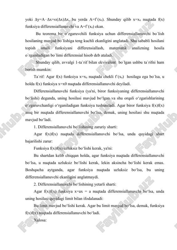 ng bo‘ladi. bu esa yo‘lning differensialiga teng: ds= f’(t)(t. funksiya, funksiyaning xossalari, funksiya differensiali funksiya haqida tushuncha va uning ta'rifi funksiyaning berilish usullari. funksiya sharoitiga qarab jadval, analitik va grafik usullar bilan berilishi mumkin. funksiya jadval usulida berilganda, argumentning ma'lum tartibdagi x1, x2, x3,… xn,… qiymatlari va funksiyaning ularga mos keluvchi y1, y2, y3, … ,yn, … qiymatlari jadval holida beriladi: funksiya differensiali, uning geometrik ma'nolari. funksiya differensiali differensialning geometrik ma'nosi faraz qilaylik y=f(x) funksiya biror (a,b) intervalda berilgan bo'lsin. bu funksiyaning dy=f'(x)dx differensiali x ga bog'liq bo'lib, dx=(x va (x orttirma x ga bog'liq emas, chunki x nuqtadagi orttirmani x ga bog'liq bo'lmagan holda ixtiyoriy tanlash mumkin. bu holda differensial formulasidagi dx ko'paytuvchi o'zgarmas bo'ladi va f'(x)dx ifoda faqat x ga bog'liq bog'liq bo'lib, uni x bo'yicha differensiallash mumkin. demak, bu funksiyaning differensiali mavjud bo'lishi mumkin va u, agar mavjud bo'lsa, funksiyaning ikkinchi tartibli differensiali deb ataladi. yuqori tartibli …