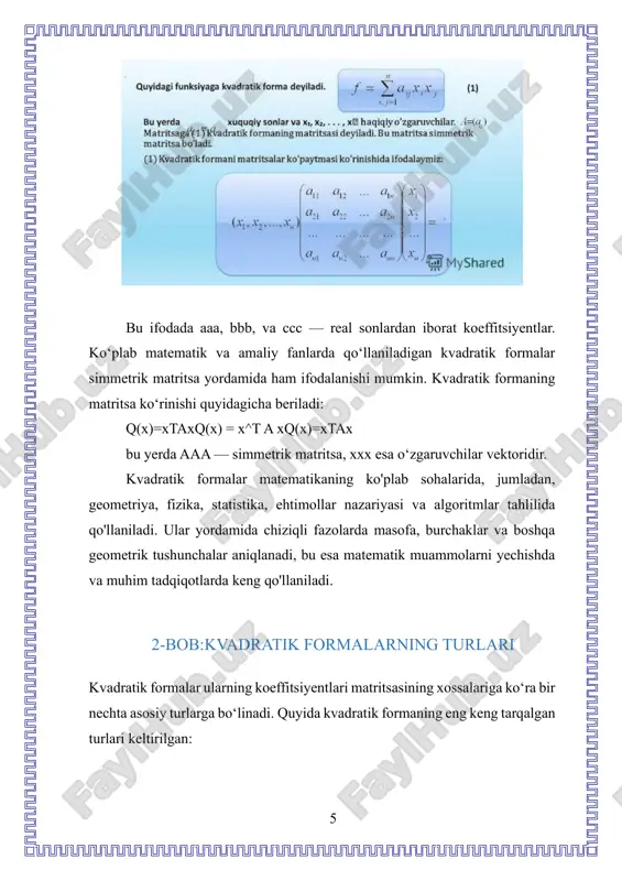 ometriyada ko'p miqdordagi matematik muammolarni soddalashtirishga yordam beradi. kvadratik formalar yordamida vektorlar orasidagi masofani o'lchash, burchaklarni aniqlash va ko'plab boshqa geometrik xossalarni o'rganish mumkin. diagonalizatsiya esa kvadratik formani uning asosiy xususiyatlarini osonroq o'rganish imkonini beradi, bu esa statistik tahlil, fizik modellash va boshqa fanlarda ulardan samarali foydalanish imkonini yaratadi. umuman olganda, kvadratik formalarni chuqur o‘rganish va ulardan foydalanish ko‘p o‘lchovli fazolarda murakkab muammolarni yechishda katta ahamiyatga ega. kvadratik formalar va ularning xususiyatlari bugungi zamonaviy matematika va fizikaning fundamental asosi bo'lib xizmat qiladi. 11 foydalanilgan adabiyotlar ro'yxati 1. kolesnikova, n. i. (2015). *matematika va uning amaliyotga tatbiqi.* tashkent: fan va texnologiya. 2. muradov, b. (2019). *algebra va geometriya: asosiy tushunchalar.* tashkent: o‘zbekiston respublikasi ta'lim vazirligi. 3. ibragimov, a. (2020). *chiziqli algebra va kvadratik formalar.* tashkent: o'zbekiston milliy universiteti nashri. 4. alekseev, v. g. (2018). *matritsa nazariyasi va uning qo'llanilishi.* moskva: moliya va statistika. 5. nasirov, b. (2021). *matematika ta'limida innovatsion yondashuvlar.* …