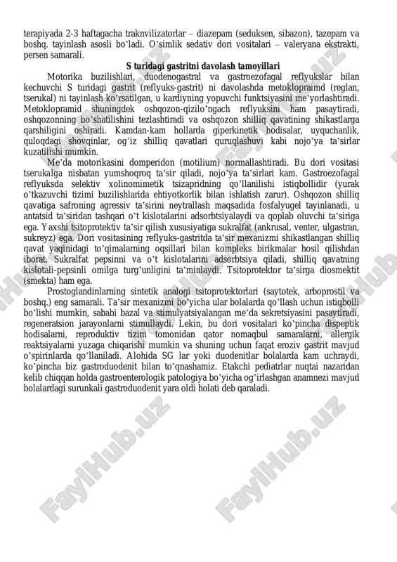 rdagi qorin og’riqlarining ko’pchiligi psixogen xususiyatga ega ekanligi inobatga olinsa – sg tashxisini endoskopik va gistologik verifikatsiya qilish kerak va faqat shundan keyingina birga qo’shilib kelgan gastroenterologik, somatik va ruhiy somatik patologiyalarni inobatga olibgina terapiyani boshlash zarur. a turidagi gastritni davolash tamoyillari me’yorga yaqin oshqozon funktsiya qilish sharoitlarini yaratishga qaratilgan o’rnini bosuvchi terapiya, oshqozon shilliq qavati atrofik jarayonlarini kompensatsiyalash amalga oshiriladi. terapiyaning asosiy uslubi – davo ovqatlanishdir. qo’zish bosqichida oshqozon shilliq paradasini funktsional, mexaniq, termik va kimyoviy asrashni ta’minlovchi №1a parhezi va 5-6 martalik ovqatlanish tayinlanadi. ratsionda oshqozon shilliq paradasini qitiqlovchi ovqatlar (tuzlangan, dudlangan, seryog’ sho’rva, marinad, o’tkir ziravorlar, qovurilgan go’sht va baliq) bo’lmasligi kerak. bemorlar ko’pincha qaymog’i olinmagan sutni, uzum sharbatini, qaymoqni ko’tarolmasligi inobatga olinsa ularni ratsiondan chiqarib tashlash zarur. tuz, quyuq choy va qahva, ularning sun’iy turlarini iste’mol qilish cheklanadi. yallig’lanish bartaraf qilinishi bilan fundal bezlarni sekin asta oshib boruvchi funktsional stimulyatsiyasi ko’rsatilgan. bu maqsadda №2 yoki hatto …