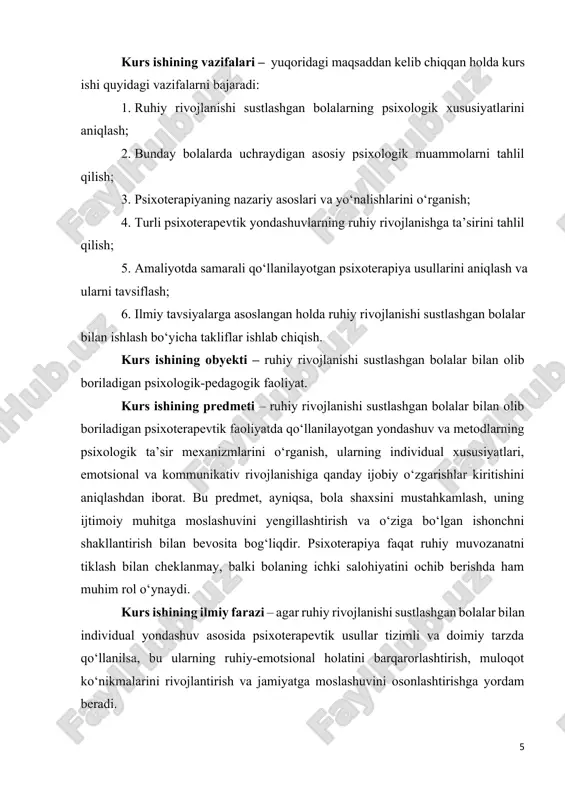 rapiya misollarini tahlil qilish; · ilmiy adabiyotlarni tahlil qilish — psixoterapiya va maxsus pedagogika sohasidagi ilg‘or nazariy qarashlar asosida xulosalar chiqarish; · empirik yondashuv — ruhiy rivojlanishi sustlashgan bolalar bilan olib borilgan amaliy ishlar natijasida olingan ma’lumotlarni tahlil qilish. bu metodologik asoslarga tayangan holda, kurs ishida nafaqat nazariy, balki amaliy yondashuvlar ham o‘z aksini topgan. kurs ishining amaliy ahamiyati - ushbu kurs ishining amaliy ahamiyati shundaki, unda ilgari surilgan ilmiy xulosalar va tavsiyalar logopedlar, psixologlar, defektologlar hamda maxsus ta’lim muassasalarida ishlovchi pedagoglar uchun amaliy qo‘llanma vazifasini o‘taydi. xususan: · psixoterapiya orqali bolalarda ijobiy emotsional holatni shakllantirishga xizmat qiladi; · ruhiy rivojlanishida orqada qolgan bolalarning shaxsiy rivojlanishiga turtki beradi; · ta’lim-tarbiyaviy jarayonda individual yondashuvning samarali modellarini joriy etishda foydali bo‘ladi; · ota-onalar bilan olib boriladigan maslahatlashuv ishlarida qo‘llash mumkin bo‘lgan tavsiyalarni o‘z ichiga oladi. shuningdek, bu ish maxsus pedagogik amaliyotga yangicha qarashlar olib kirishga hissa qo‘shadi. kurs ishining tuzilishi – kurs …
