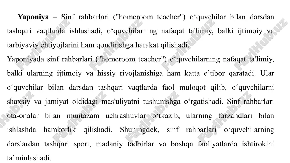 ojlanishiga katta ta'sir ko‘rsatishadi. har bir mamlakatda sinf rahbarining roli o‘quvchilarning rivojlanishi uchun zarur bo‘lgan pedagogik va tarbiyaviy jarayonlarni o‘z ichiga oladi, shu orqali o‘quvchilar jamiyat oldida mas'uliyatli shaxslar sifatida shakllanadi. har bir davlatda sinf rahbarlarining vazifalari ta'lim tizimining umumiy maqsadlari va o‘quvchilarning rivojlanishiga asoslangan. sinf rahbarlari ko‘p mamlakatlarda o‘quvchilarning nafaqat ta'limiy, balki tarbiyaviy va shaxsiy rivojlanishi uchun mas'uldirlar. nazorat savollari: 1 singapur sinf rahbari nomlanishi va faoliyati haqida 2. finlyandiya sinf rahbari nomlanishi va faoliyati haqida 3.janubiy koreyada sinf rahbari nomlanishi va faoliyati haqida image1.png image2.png image3.png image4.png image5.png image6.png image7.png /docprops/thumbnail.jpeg