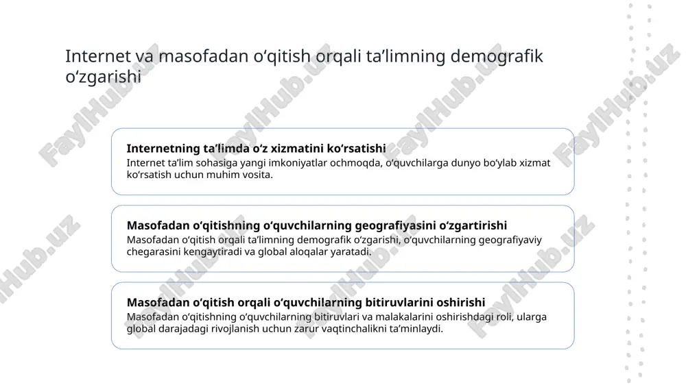 masofaviy ta’lim darajasi o‘quv markazlaridagi oddiy to‘lovdan ko‘ra ancha arzonroq bo‘lishi mumkin. iqtisodiy jihatdan maqbul variantlarni qidirayotgan o‘quvchilar uchun onlayn ta’lim eng to‘g’ri yo‘l; vaqtingizni tejang! o‘quv markazlariga borish va qaytish vaqtida transport kutish uchun ketadigan vaqtingizni tejashingiz mumkin. onlayn ta’limda siz istagan hududda ma’lumot olasiz; agar talaba o‘zini intiluvchan hisoblasa, masofaviy ta’limning eng katta foydasi shundaki, ayrim darslar guruh bo‘lib o‘tiladi. guruhda ba’zi o‘quvchilar tezroq, ayrimlari esa sekin tushunadilar. bu jihatdan masofaviy ta’lim olish usuli samaraliroq; masofaviy ta’lim olishning kamchiliklari: chalg‘ish ehtimoli yuqori. yuzma-yuz muloqot qilish uchun o‘qituvchilar va kutilayotgan topshiriqlar haqida doimiy ravishda eslatuvchi kursdoshlar yo‘q. agar talaba masofaviy o‘qitish kursini muvaffaqiyatli yakunlamoqchi bo‘lsa, o‘zini g’ayratli va diqqatli qilishi kerak; tarmoqdan ayrilish. onlayn bilim olishning eng katta dushmani bu internet provayderlarining sekin ishlashi yoki aloqa uzilib qolishi. bu vaziyatda talabaning ta’lim olishga bo‘lgan intilishi so‘nishi yoki asabiylashishiga olib keladi. masofaviy oʻqitishning global taʼlimda innovatsion roli 1 innovatsion oʻqitish …