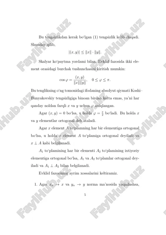qil vektorlar to‘plami mavjud bo‘lishi mumkin, ammo bu vektorlar har doim ortogonal emas. aynan gram–shmidt protsedurasi ushbu vektorlar ustida ketma-ket ortogonalizatsiya bajarib, har bir yangi vektorni il- gari qurilgan ortogonal bazisga perpendikulyar holga keltirib boradi. bu ortogonalizatsiya vektorlarning fazodagi yo‘nalishini moslashtirishga emas, balki ularning o‘zaro proyeksiyalash nati- jalarini chiqarib tashlashga asoslangan. agar v chiziqli fazoda {v1, v2, . . . , vn} chiziqli mustaqil vek- torlar bo‘lsa, gram–shmidt protsedurasi ushbu to‘plamdan {u1, u2, . . . , un} ortogonal to‘plamni quyidagicha hosil qiladi: u1 = v1 u2 = v2 − ⟨v2, u1⟩ ⟨u1, u1⟩ u1 u3 = v3 − ⟨v3, u1⟩ ⟨u1, u1⟩ u1 − ⟨v3, u2⟩ ⟨u2, u2⟩ u2 17 va hokazo. har bir qadamda yangi vektor ilgari olingan ortogonal vektorlarga proyeksiya qilinib, bu proyeksiyalar vek- tordan chiqarib tashlanadi. natijada, qolgan vektor ilgari hosil qilingan ortogonal to‘plamga perpendikulyar bo‘ladi. bu konstruktsiyani umumiy formula sifatida ifodalash mumkin: uk = vk …