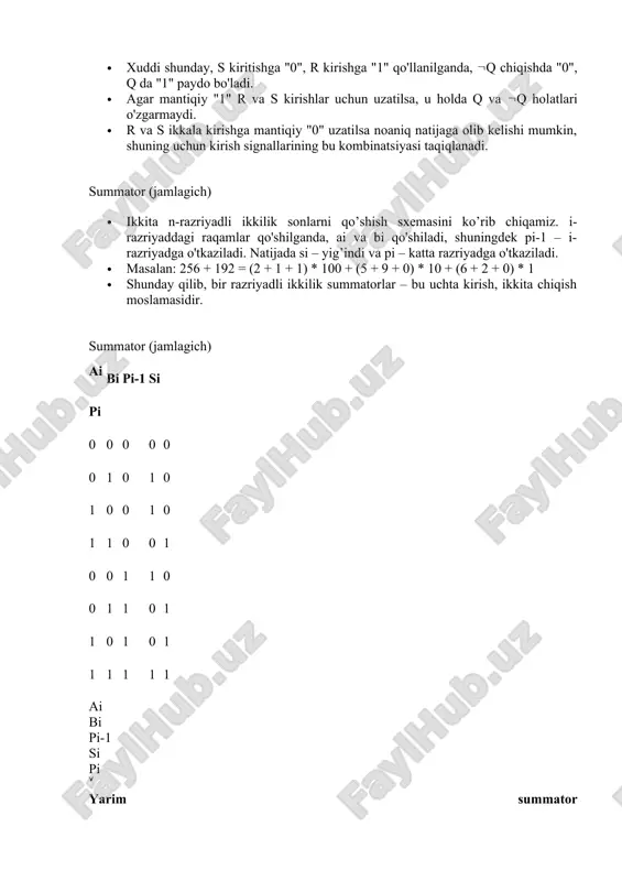 dning bitta razriyadini ishonchli saqlash uchun kompyuter registrlarida keng qo’llaniladigan elektron sxemadir. trigger ikkita barqaror holatga ega, ulardan biri biri ikkilik bir, ikkinchisi esa ikkilik nolga to’g’ri keladi. · trigger atamasi inglizcha trigger – zanjir (lo’kidon), tepki so’zidan kelib chiqqan. bu sxemani ingliz tilida ko’rsatish uchun tez-tez flip-flop atamasi ishlatiladi, bu esa “qarsak chalish” degan ma’noni anglatadi. elektron sxemaning bunday jarangdor atalishi uning deyarli bir zumda bir elektr holatdan ikkinchisiga va teskarisiga o’tish (“irg’itib tashlash”) qobiliyatini ko’rsatadi. · bitta triger ikkilik kodining bitta razriyadini saqlab qolishi mumkin bo’lganligi sababli, baytni saqlash uchun 8 ta trigger kerak, kilobaytni saqlash uchun esa mos ravishda 8 • 210 = 8192 ta trigger kerak bo’ladi. zamonaviy xotira mikrosxemalari millionlab triggerlarni o’z ichiga oladi. triggerlar · triggerning eng keng tarqalgan turi - bu rs-triggeridir (s va r mos ravishda inglizcha set - o'rnatish va reset - tiklash). triggerning shartli belgilanishi: · u ikkita simmetrikli s …