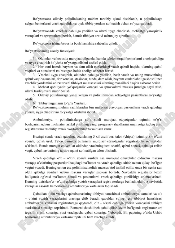 holi guruhini va bemorlarni dispanser nazoratiga olishga, bemorlarga malakali tabbiy yordam ko’rsatishga, keng ko’lamdagi profilaktik chora tadbirlarni olib borishga mo’ljallangan davolash profilaktika muassasasidar. oilaviy poliklinika aholiga tibbiy xizmatni oila territorial prinsipida ko’rsatadi. poliklinikaning asosiy vazifalari quyidagilardan iborat: 1. kasallikni barvaqt aniqlash, kasalliklarni, nogironlik, o’limni kamaytirish, oldini olish bo’yicha kompleks profilaktik chora – tadbirlarni amalga oshirish. 1. oila territorial prinsipida biriktirilgan aholiga birlamchi tibbiy – sanitariya yordamini ko’rsatish (pasientlarni poliklinikada qabul qilish, bemorlarga uyda tibbiy yordam ko’rsatish va boshqalar). 1. aholi salomatlik holatini dispanser nazoratiga olish, tegishli tekshirishlar, davolash va sog’lomlashtirish ishlarini olib borish. 1. laboatoriya va instrumental tekshirishlarni o’tkazish. 1. o’rnatilgan tartibda bemorlarni stasionarga yotqitzish. 1. pasientlarga umumiy amaliyot shifokori doirasida malakali tibbiy yordam ko’rsatish. 1. hayoti xavf ostida qolganda, baxtsiz hodisalarda (shikastlanishlar, zaharlanishlar va boshqa holatlarda) shoshilinch tez tibbiy yordam ko’rsatish, ko’rsatmalarga asosan bemorlarni boshqa davolash – profilaktika muassasalariga ixtisoslashgan tibbiy yordam olish uchun transport bilan ta’minlash. 1. vaqtincha …