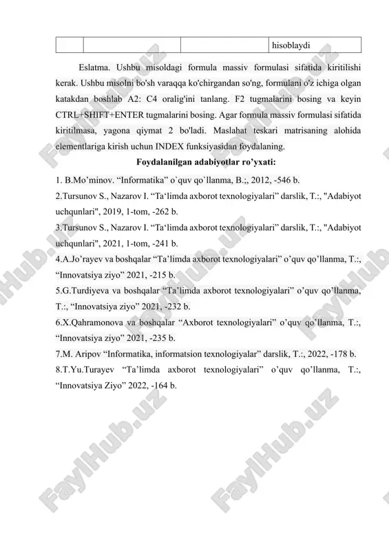 rmatika, informatsion texnologiyalar” darslik, t.:, 2022, -178 b. 8.t.yu.turayev “ta’limda axborot texnologiyalari” o’quv qo’llanma, t.:, “innovatsiya ziyo” 2022, -164 b. micros o ft excel dasturida mobr funksiyasidan foydalanish. annotatsiya : matematik masalalarni yechishda zamonaviy matematik paketlarning qo’llanilishi talabalarda egallangan nazariy bilimlarining tizimlashishi va chuqurlashishi bilan bir qatorda ularning axborot texnologiyalaridan foydalanish va berilgan muammoni yechish borasida yangi bilimga ega bo’lishlariga olib k eladi. t alabalarining matematik bilimlarni axborot texnologiyalar bilan birgalikda qo’llash malakasi uning puxta bilimga ega bo’lishida asosiy omillardan biri hisoblanadi. kalit so’zlar: satr, ustun, yacheyka, jadval, sonlar, arifmetik ifodalar, ketma - ket lik, mobr, sintaksis, format, funksiya toifasi, funksiya, funksiya argumenti, berilganlar, tugmalar majmuasi, massiv, ma’lumotlar, xato, natija. abstract: the use of modern mathematical packages in solving mathematical problems leads to the systemati zation and deepening of the acquired theoretical knowledge of students, as well as their acquisition of new knowledge in the use of information technologies and …