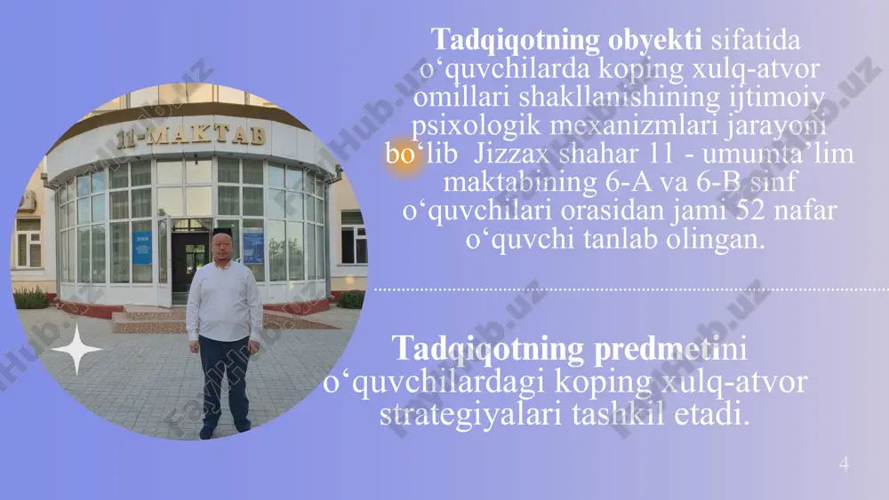 zimga birlashadi. bunday g‘oyalarni tushunish ba’zan doimiy zo‘riqish sharoitida psixoemotsional muvozanatni saqlashga qodir bo‘lgan xulq-atvorni tuzatish dasturlarini yaratishga imkon beradi. natijada, ushbu nazariyalar nafaqat moslashishning murakkab mexanizmlarini ochib beradi, balki real amaliyotda tasdiqlangan amaliy tavsiyalar uchun asos bo‘lib xizmat qiladi. kognitiv baholash shunchaki bosqich emas, balki asosiy tarkibiy qism bo‘lib, u odatda talabaning stressli vaziyatlarni qanday his qilishini va ularni yengish uchun o‘z kuchlarini baholashni belgilaydi. iii-bob. o‘quvchilarda koping xulq-atvor omillari namoyon etilishining empirik asoslari. o‘quvchilar guruhida stressli vaziyatlarda koping xulq-atvor ko‘rsatkichlarining namoyon bo‘lishi 7 8 o‘quvchilar guruhida koping xulq-atvor xususiyatlarini korreksiyalash dasturi. talabalarning stressni qanday yengishini bo‘ylama kuzatish ularning bosimga bardosh berish qobiliyatiga ta’sir qiluvchi omillarni aniqlash uchun juda qimmatli bo‘lib chiqmoqda. bunday turdagi tadqiqotlar uzoq vaqt davomida stressga bo‘lgan reaksiyadagi o‘zgarishlarni payqash imkonini beradi, bu esa, umuman olganda, moslashuvchan strategiyalar va kurashish xulq-atvorining dinamikasini aniqlashga yordam beradi. ba’zan olimlar, masalan, bu yondashuvlarning ruhiy holat va o‘zlashtirish bilan qanday …