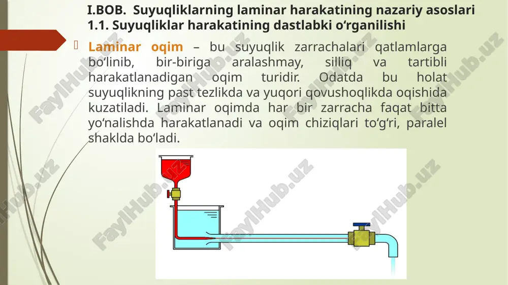 bu formula tibbiyotda (qon oqimi), sanoatda (quvurlar) qo‘llaniladi. 2.3 laminar tartibda harakat qilayotgan suyuqlikning xususiyatlari xulosa mazkur bitiruv malakaviy ishida suyuqliklarning laminar harakat holati keng ko‘lamda o‘rganildi. ilmiy adabiyotlarga, amaliy tadqiqotlarga va nazariy modellashtirishga asoslanib, laminar oqimning asosiy fizikaviy va matematik xususiyatlari tahlil qilindi. ish davomida laminar harakatga xos bo‘lgan asosiy qonuniyatlar, ya’ni navye-stoks tenglamalari, reynolds sonining ta’siri, quvurlar ichidagi oqim profillari, chegara qatlamining shakllanishi, qovushoqlik ta’siri va oqim barqarorligi masalalari atroflicha yoritildi. laminar harakat ko‘proq past reynolds soniga ega tizimlarda, ya’ni sekin harakat qilayotgan va nisbatan yopishqoq (yuqori qovushoq) suyuqliklar uchun xarakterlidir. tadqiqot davomida aniqlanishida, reynolds soni 2000 dan kichik bo‘lsa, oqim asosan laminar harakterga ega bo‘ladi. ishda quvurlar ichidagi laminar oqim holatida bosim yo‘qotishlari va tezlik profili, ayniqsa, puazeyl qonuni asosida ko‘rib chiqildi. bu qonun orqali laminar harakatda bosimning uzunlik bo‘yicha qanday o‘zgarishi va oqim tezligi radiusga bog‘liq qanday taqsimlanishi aniqlik bilan tahlil qilindi. shuningdek, suyuqlikning yopishqoqligi oshganda …