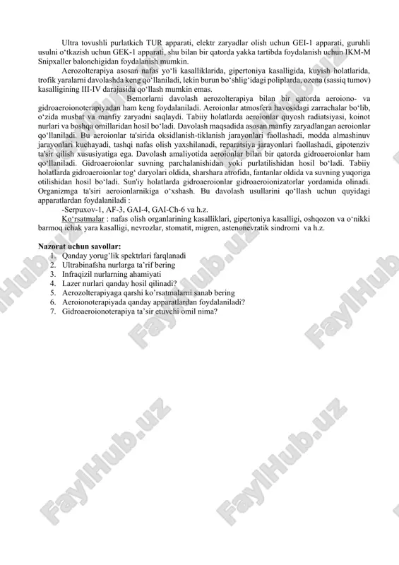 kiradi. infraqizil nurlarini olish uchun minin, solyuks lampalari va yorug‘lik-issiqlik vannalaridan foydalaniladi. ko‘rinuvchi nurlar qizuvchi lampa va kunduzgi lampalar orqali, ultrabinafsha nurlar simob-kvars trubkali lampalar yordamida olinadi. infraqizil va ko‘rinuvchi nurlarga ko‘rsatmalar : o‘tkir osti va surunkali yallig‘lanish jarayonlari (infiltratning so‘rilishini tezlatish maqsadida), og‘riqlarning bo‘lishi, jarohatlar, yaralar (yara yuzasini quritish va mikroorganizmlarga noqulay sharoit yaratish maqsadida). ultrabinafsha nurlarini umumiy usuli qo‘llaniladi : raxitda, madorsizlikda, asab sistemasining kasalliklarida. mahalliy usuli : trofik yaralarda, nevralgiya, teri, bo‘g‘im va suyak sildan zararlanganda, zotiljam va h.z. nurlatishga qarshi ko‘rsatmalar : xavfli o‘smalar, kaxeksiya, qon ketish va unga moyillik, o‘pka silining aktiv shakli, nefrit, o‘tkir ekzema va h.z. hozirgi vaqtda tibbiyot amaliyotida lazer nurlari keng qo‘llanilmoqda, shuningdek fizioterapiyada. ular yuqorida ko‘rib chiqilgan nurlardan quyidagilar bilan farqlanadi : -monoxromatikligi bilan, ya'ni optik spektorda 1 to‘lqin uzunligi bo‘lgan diapozonda bo‘ladi; -kogerentligi bilan, ya'ni nurlanish elektromagnit tebranish chastotalari bilan mos tushadi va bir-birining ta'sirini kuchaytiradi; -nurlar parallel holatda …