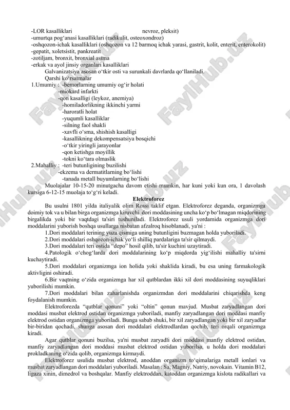 rning shu vaqtdagi boshlang‘ich holatiga va patologik jarayonning belgilariga, organizmning sezuvchanligiga e'tibor berishimiz lozim. shuni doim esda tutishimiz karakki, fizioterapevtik muolajalarni asosan kichik intensivlikda berish maqsadga muvofiqdir. muolajalarni kichik dozada berish hujayra funksiyasini qo‘zg‘atadi, katta dozalar bosadi. fizioterapevtik muolajalarga organizmning javob berishi asosida, muolajalarning berilishini tartibga solishimiz yoki ularni belgilashda ko‘rsatmalarni tartibga solishimiz mumkin. fizioterapevtik muolajalar, jumladan elektr bilan davolash turlari xilma xildir va ular organizmga har xil ta'sir ko‘rsatadi. ularning ta'siri turli tarmoqlaridagi (regionar, periferik, markaziy) qon aylanishini yaxshilaydi, to‘qima trofikasini, modda almashuvini, yaxshilaydi, neyro – gumoral ta'sir etadi, buzulgan immun jarayonlarni tiklaydi. ko‘p fizik omillar sedativ va og‘riq qoldiruvchi ta'sirga ega. galvanizatsiya davolash maqsadida doimiy tokning past kuchlanishli (80 voltgacha) va kichik kuchli tok (50 milliampergacha) qo‘llaniladi. ta'sir qilish mexanizmi galvanik toklar yoki hosil bo‘ladigan impulslar teridagi nerv retseptorlariga ta'sir qiladi, ya'ni markazga intiluvchi yo‘llar orqali impulslar ko‘rinishida markaziy nerv sistemasiga ta'sir etib, u yerda og‘riqdan ustun bo‘ladigan …