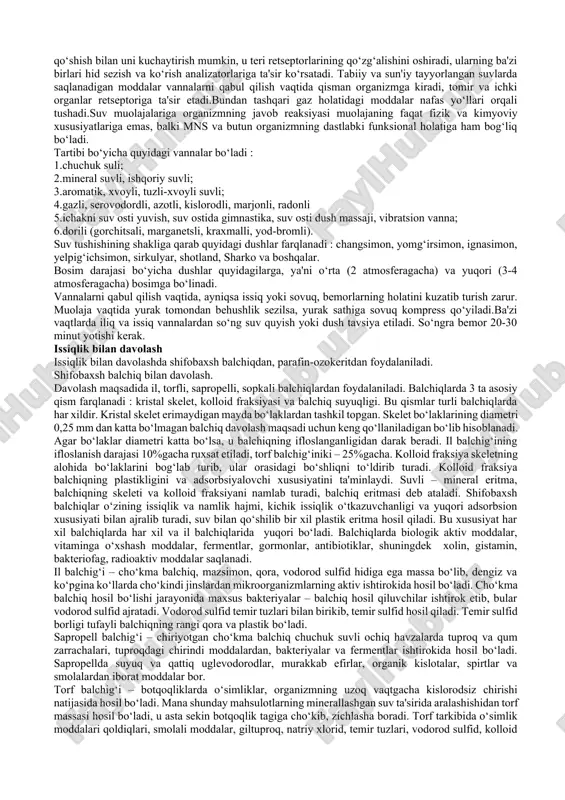o‘l va oyoq atrofida vakuum (past) yoki kompression (baland) bosim yaratish barcha zaruriy moslamalar bilan ta'minlangan. baroterapiya muolajasi zararlangan tana qismi atrofida sun'iy o‘zgaruvchan havo bosimi hosil qilishga va hosil bo‘lgan bosim kuchini har muolajada asta-sekin oshirib borishga asoslangan. baroterapiya qo‘llanilayotganda bemorning umumiy ahvoli hisobga olinadi, tana qismlari uchun zarur harorat rejimi tanlanadi (30-45 gradus) teri to‘qimasining rangi o‘zgarishi kuzatib boriladi. teri to‘qimasining qizarishi muolajaning effektivligini bildiradi. terining ko‘karishi, oqarishi, tomirlar shishishi dekompressiyasini (manfiy bosim) pasaytirishga yoki kompressiyasini (musbat bosim) qo‘llashga imkon beradi. muolaja vaqtida bemor issiqlikni, oyoq yoki qo‘l hajmining o‘zgarishini, taranglashishini, yengil sanchiqni sezadi. agarda oyoq yoki qo‘lda og‘riq bo‘lsa, uvushishni his qilsa bu dekompressiyani pasaytirishga yoki kompressiyani qo‘llashga imkon beradi. umumiy baroterapiya – bu maxsus kamera yordamida davolash uchun barometrik bosim (1 atmosfera) qo‘llaniladi. umumiy baroterapiya usuli – giperbarik oksigenatsiya gipoksiya holatlarida juda foydalidir, u nafas olinganda kislorodning parsial bosimi ko‘tarilishiga asoslangan. giperborik oksigenatsiya usuli asosida suyuq …