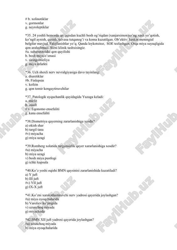 en formasi b) kukelberg-velander spinal amiotrofiyasi v) en amiotrofik skleroz g) siringomneliya *51.jadallashuvchi mushaklar distrofiyasini davolashda qo’llaniladigan dorilarni ayting: a) degiratatsion b) mushaklar tonusini pasaytiruvchi dorilar v) kortikosteroid gormonlar #g) mushaklarda modda almashinuvini yaxshilovchi dorilar *52.qaysi kasallikda "urdaksimon" yurish, "ari komat","kanotsimon kurak", "narvonsimon" turish kuzatiladi? a) sharko-mari nevral amiotrofiyasida b) verdniga-gofmana kasallikda v) en amiotrofik skleroz #g) erba-rota jadallashuvchi mushaklar distrofiyasi *53.epilepsiyaga xos boskichlar: a) asoratlar b) o’tkir #v) aura g) surunkali *54.periferik falajlanish belgilari qaysi? a) gipertonus #b) mushaklar atrofiyasi v) anesteziya g) patologik reflekslar *55.nevrastaniyaga xos simptomlarni ayting? a) falajlar. b) sezuvchanlik. #v) jaxlni tez chiqishi. g) ataksiya. *56.gipotolomik sindromga xos klinik belgi: a) giperkinez. b) mushak tarangligi oshuvi #v) garmonal uzgarishlar. g) ensa mushak tarangligi oshuvi *57. nevrozlarga qaysi kasalliklar kiradi? a) kichik xoreya # b) kechki enurez v) epilepsiya g) meningit *58. isteriya quyidagi kasalliklarga kiradi a) qon - tomir kasalliklari #b) nevrozlar v) irsiy kasalliklar …