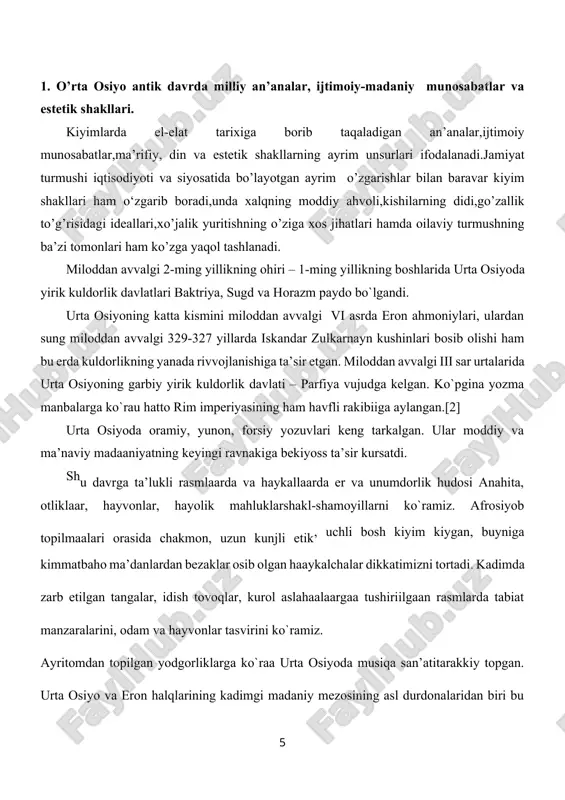 belbog bilan boglangan tugri ko`ylak edi. uning yoqa umizi dumaloq bo`lgan, oldi esa tomchisimon kesimli edi. ko`ylakning ikkinchi turi yunon hitoniga uhshash edi. buy baravar mato parchasini elkada tugnogich bilan biriktirishardi, etagining yon burchaklarini tugunga boglab kuyishardi. bu ko`ylak belida yoki kukragini tagidan belbog bilan boglanardi. ustki kiyimlari skifsimon kaftanlar va yopinchoqlar bo`lgan. ko`ylak yoki kaftan ustidan yopinchoq kiyishardi. ular buy baravar tugri turtburchak matodan qiliniib, elkaga tashlanardi, old uchlari esa tugnogich bilan biriktirilardi. bel kiyimi – uzun, etikka kirgizilgan ishtonlar edi. ular ko`ylakning tagidan kurinishi mumkin edi. bosh kiyimlari konussimon namatdaan qilingan kalpoqlar, yumshoq yassi shapkalar, sallasimon, tojsimon bosh kiyimlar va yopinchoqlar bo`lgan. pricheskalari murakkab va hilma-hil bo`lgan. urilgan sochlar turli usulda turmalangandi. bezak takinchoqlar: tojlar, ziraklar, tillakoshlar, grifna va boshqalar bo`lgan. oyoq kiyimlari yumshoq etik edi, gohida, kunjining tepa kismi kaytarilishi mumkin edi. erkaklar kostyumi. ularning kiyimi ham elka va bel, ustki va ichki kiyimlarldan iborat. elka kiyimi …