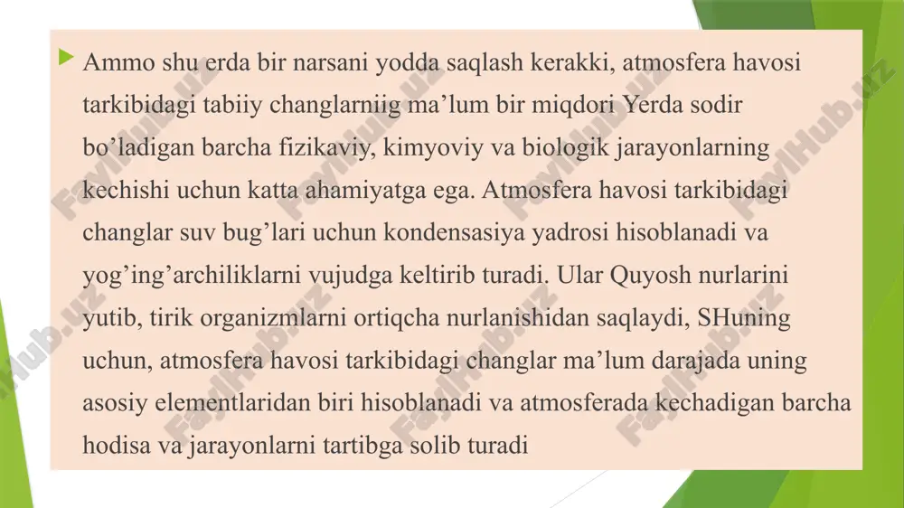 ntrasiyasini 1,5 marotaba kamaytirish kerak. azot oksidi no (no, no2, no5, n2o3, n2o4). atmosfera havosiga asosan azot dioksidi no2 chiqariladi. bu rangsiz va hidsiz zaharli gaz bo’lib, nafas olish yo’llariga kuchli ta’sir yetadi. uning havodagi rechksi 0,04 mg/m3 ni tashkil yetadi. shaharlardagi havo tarkibidaga azot oksidi nihoyat xavfli hisoblanadi, chunki u chiqindi gazlar bilan reaksiyaga kirishib, fotokimyoviy tuman, ya’ni smogni vujudga keltiradi. odatda turli zararli gazlar va changlardan tarkib topgan quyuk tumanlar smog deyiladi. azot oksidlarining inson organizmiga ko’rsatadigan ta’siri engil yo’talning paydo bo’lishi bilan boshlanadi. azot oksidlarining yuqori konsentrasiyalari ta’sirida kuchli yo’tal, bosh og’rishi va qo’sish paydo bo’ladi. azot oksidlari namlik yuzaning shilliq pardalari bilan to’qnashib, azot kislotalari (hno3 va hno2)ni paydo bo’lishiga sabab bo’ladi. ular o’pkaga kuchli ta’sir yetadi. bundan tashqari, ozon qobig’ining yemirilishi ham asosan azot oksidlari ta’sirida ro’y bermoqda: uglevodorodlar (benzin bug’lari, pentan, geksan va boshqalar). ular inson organizmiga kuchli ta’sir yetadi. ularning nihoyatda kichik konsentrasiyalari …
