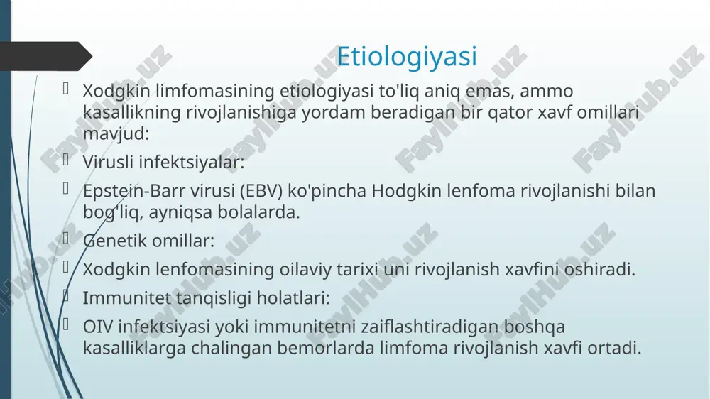 'sirlangan limfa tugunlarining biopsiyasi to'g'ri tashxis qo'yish va limfoma tasnifi uchun zarur. gistologik tekshiruv o'simtaning hujayra tarkibini aniqlashga imkon beradi. radiatsiya diagnostikasi: tekshiruvlar kt yoki mri: kasallikning darajasini aniqlash va ta'sirlangan organlarni aniqlash. pet-ct: o'simta faolligini aniqlash va davolanishga javobni baholash uchun ishlatiladi. suyak iligi ponksiyoni kt yoki mri: kasallikning darajasini aniqlash va ta'sirlangan organlarni aniqlash. pet-ct: o'simta faolligini aniqlash va davolanishga javobni baholash uchun ishlatiladi. suyak iligi ponksiyoni u o'simta hujayralari tomonidan suyak iligi infiltratsiyasini istisno qilish yoki tasdiqlash uchun amalga oshiriladi. lomber ponksiyon: agar markaziy asab tizimining shikastlanishiga shubha bo'lsa, amalga oshiriladi. davolash davolash bolalarda hodgkin bo'lmagan limfomalarni davolash kimyoterapiya yordamida amalga oshiriladi, chunki bu sitostatik dorilarga yuqori sezuvchanlikka ega bo'lgan o'smalar. kimyoterapiya: nhl uchun asosiy davolash usuli. sitostatiklarning kombinatsiyasi kasallikning turi va bosqichiga qarab qo'llaniladi. berkitt limfomasi siklofosfamid, doksorubitsin va metotreksat kabi dorilar yordamida qisqa, intensiv kimyoterapiya kurslari bilan davolanadi. limfoblastik limfoma o'tkir limfoblastik leykemiyaga o'xshash uzoqroq …