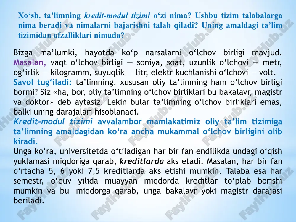alaba bajarishi kerak bo‘lgan ma’lum miqdordagi o‘qish yuklamasini bildiradi. ects kredit-modul tizimida 1 kredit o‘rtacha 25-30 soatlik o‘qish yuklamasini anglatadi. bu degani, agar fan 6 kreditli fan bo‘lsa, talaba ushbu fan bo‘yicha belgilangan miqdordagi kreditlarni qo‘lga kiritish uchun semestr davomida 150-180 soatlik o‘qish yuklamasini bajarishi kerak bo‘ladi (25*6=150; 30*6=180). shunday ekan, kredit-modul tizimini joriy etgan otmlarda talabalar har bir fan uchun belgilangan kreditlar miqdoriga qarab, o‘qish hali boshlanmasdanoq, har bir fanni o‘qish va o‘rganishga qancha vaqt sarflashlari kerakligini bilib oladilar. bu ham ta’limda shaffoflikning bir ko‘rinishidir. 1 kredit o‘qish yuklamasi (25-30 soat oralig‘ida) aynan necha soat bo‘lishini odatda har bir otm o‘zining ichki qoidalarida belgilaydi. kreditlarning akademik soatdagi miqdori bunda otm 1 kredit uchun 30 soatlik o‘qish yuklamasi belgilagan bo‘lsa, undan 12 soati (30*40%=12) auditoriya soatlari, 18 soati (30*60%=18) esa talabaning mustaqil o‘qish soatlariga to‘g‘ri keladi. ushbu taqsimot asosida 6 kreditlik fan o‘qish yuklamasini aniqlaydigan bo‘lsak, talaba ushbu fan bo‘yicha …