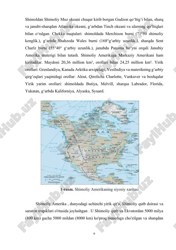 karib dengizi) shimoliy amerikaning qolgan qismi bilan kuchli jismoniy geografiya aloqalari bilan bog'langan. grenlandiya ham madaniy jihatdan shimoliy amerikadan bo'lingan, ammo jismonan yaqin. ba'zi geograflar amerika qo'shma shtatlarining janubiy chegarasidan kolumbiyaning shimoliy chegarasigacha bo'lgan hududni o'rta amerika sifatida tavsiflaydilar , bu markaziy amerikadan farq qiladi, chunki u meksikani o'z ichiga oladi. o'rta amerikaning ba'zi ta'riflari g'arbiy hindistonni ham o'z ichiga oladi. nachvak fyord torngat tog'laridagi nachvak fyordi, labrador, kanada. shimoliy amerikada yer yuzidagi eng qadimgi jinslardan ba'zilari mavjud . 2-rasm. nachvak fyordi uning geologik tuzilishi kanada (laurentian) qalqoni deb ataladigan prekembriy jinsining barqaror platformasi atrofida qurilgan . qalqonning janubi-sharqida qadimgi appalachi tog'lari ko'tarilgan ; gʻarbda esa materik quruqlik maydonining deyarli uchdan bir qismini egallagan yoshroq va ancha balandroq kordilyera togʻlari koʻtarilgan. bu ikki togʻ kamarlari orasida gʻarbda buyuk tekisliklar va sharqda markaziy pasttekisliklarning odatda tekis hududlari joylashgan . shimoliy amerika qit'a sifatida kanada shimolidagi arktikaning qutbli mintaqalaridan va alyaskadan janubgacha …