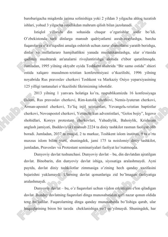 shiga yoki 2 yildan 3 yilgacha ahloq tuzatish ishlari, yohud 3 yilgacha ozodlikdan mahrum qilish bilan jazolanadi. istiqlol yillarida din sohasida chuqur o’zgarishlar sodir bo’ldi. o’zbekistonda turli dinlarga mansub qadriyatlarni asrab-avaylashga, barcha fuqarolarga o’z e'tiqodini amalga oshirish uchun zarur sharoitlarni yaratib berishga, dinlar va millatlararo hamjihatlikni yanada mustahkamlashga, ular o’rtasida qadimiy mushtarak an'analarni rivojlantirishga alohida e'tibor qaratilmoqda. jumladan, 1995 yilning oktyabr oyida toshkent shahrida “bir samo ostida” shiori ostida xalqaro musulmon-xristian konferentsiyasi o’tkazilishi, 1996 yilning noyabrida rus pravoslav cherkovi toshkent va markaziy osiyo yeparxiyasining 125 yilligi tantanalari o’tkazilishi fikrimizning isbotidir. 2013 yilning 1 yanvar holatiga ko’ra, respublikamizda 16 konfessiyaga (islom, rus pravoslav cherkovi, rim-katolik cherkovi, nemis-lyuteran cherkovi, arman-apostol cherkovi, to’liq injil xristianlari, yevangel-xristian baptistlar cherkovi, novoapostol cherkovi, yettinchi kun adventistlari, “golos bojiy”, iegovo shohidlari, koreys protestant cherkovlari, yahudiylik, bahoiylik, krishnani anglash jamiyati, buddaviylik) mansub 2224 ta diniy tashkilot rasman faoliyat olib boradi. jumladan, 2037 ta masjid, 2 ta markaz, toshkent …