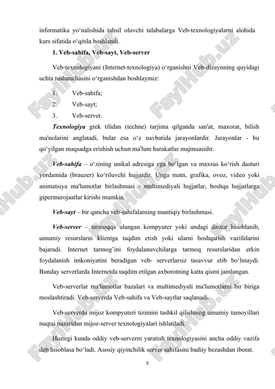 ri bilan bog`langan xujjatlar birgalikda veb saytni tashkil etadi. bitta serverda har biri alohida sohada (alohida papkada) joylashgan ko‘plab saytlar bo‘lishi mumkin. ular bitta vinchesterda ko‘plab papkalar joylashgani kabi joylashishadi. ba'zi veb saytlar juda katta bo‘ladi yoki ularga har doim ko‘plab murojaatlar bo‘ladi. bunday saytlarni joylash uchun bitta server etarli bo‘lmaydi. bunday hollarda bitta sayt bir necha serverlarga yoki bir necha kompyuterlardan iborat serverga joylanadi. 4. sayt yaratishda uning har bir sahifasidan orqaga va bosh sahifaga qaytish imkoni ko‘zda tutilishi kerak. bu usul foydalanuvchi uchun juda qulay bo‘lib, u sayt ichida adashib qolmaydi. foydalanuvchi har doim bosh sahifaga qaytib, boshqa yo‘nalishda sayt bo‘ylab yura oladi. 5. sayt ichidagi sahifalarning har biri ixtiyoriy boshqa sahifa bilan bog`lana olishi mumkin. lekin ko‘pgina saytlar piramida, ya'ni daraxtsimon ko‘rinishdagi tuzilishga ega bo‘ladi. bunday tuzilishga ega saytlarda foydalanuvchi adashib qolmaydi, chunki bunday saytning tuzilishi foydalanuvchi uchun tushunarli va uning saytda adashib qolishi mumkin emas. 6. …