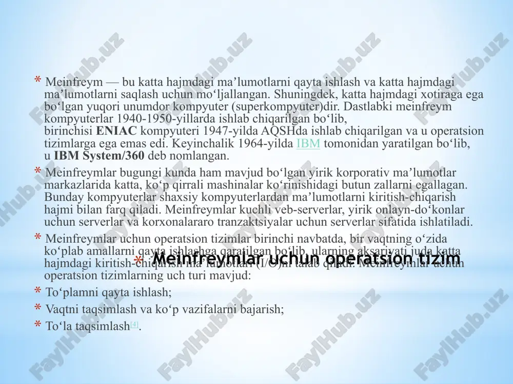 i qondirish niyatida tuzilgan operatsion tizimlar dizayn jihatidan juda murakkab ekanligini isbotladi. ular minglab dasturchilar tomonidan yozilgan koʻp millionlab montaj qatorlaridan iborat boʻlib, minglab xatolarni oʻz ichiga olgan, bu esa cheksiz tuzatish oqimiga sabab boʻlgan edi. operatsion tizimning har bir yangi versiyasida baʼzi xatolar tuzatildi va boshqa qoʻshimchalar kiritildi. oʻzining ulkan hajmi va koʻplab muammolariga qaramay, uchinchi avlod mashinalarida os/360 va shunga oʻxshash boshqa operatsion tizimlar koʻpchilik isteʼmolchilar ehtiyojlarini qondirdi. operatsion tizimlarning ushbu avlodining eng muhim yutugʻi multidasturlashni amalga oshira olishida edi. multidasturlash — bir protsessorda bir nechta dasturlar navbatma-navbat bajariladigan hisoblash jarayonini tashkil qilish usulidir. bitta dastur kiritish-chiqarish operatsiyasini bajarayotganda, protsessor dasturning ketma-ket bajarilishida boʻlgani kabi (bitta dasturli rejim) boʻsh turmaydi, balki boshqa dastur (koʻp dasturli rejim)ni bajaradi. bunday holda, har bir dastur boʻlim deb ataladigan oʻz operativ xotirasiga yuklanadi. yana bir yangilik paydo boʻldi — spuling (spooling). oʻsha paytda spuling hisoblash jarayonini tashkil qilish usuli sifatida aniqlangan, unga …