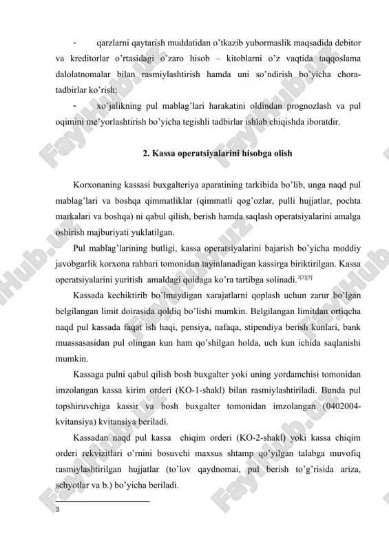 axslar tomonidan imzolangan hujjatlar bo’yicha beriladi. agar kassa chiqim orderlariga ilova qilinadigan pul berish to’g’risidagi hujjatlarda rahbarning imzosi bo’lsa, kassa chiqim orderlariga imzo qo’yish shart emas. kirim kassa orderlari, uning kvitansiyalari va kassa chiqim orderlari buxgalter tomonidan aniq qilib yoziladi. bu hujjatlarda xech qanday o’chirish yoki to’g’rilashga ham yo’l qo’yilmaydi. korxonada ishlamaydigan shaxslarga pul berishda ularning shaxslarini tasdiqlovchi pasport yoki boshqa hujjat talab qilinadi, kassa chiqim orderning pul olganligi to’g’risida imzo qo’yiladigan joyida taqdim etilgan hujjatning ma’lumotlari ko’rsatiladi. ish haqi va unga tenglashtirilgan mablag’lar uchun naqd pul bankdagi hisob-kitob schyotidan pul chek daftarchasiga asosan olinadi. pul chek daftarchasi hisob-kitob schyotidan unda ko’rsatilgan naqd pulni berish to’g’risida korxonaning bankka bergan buyrug’i bo’lib hisoblanadi. ish haqi, pensiya nafaqa, mukofotlar to’langanda har bir oluvchiga kassa chiqim orderi tuzilmasdan to’lov qaydnomai bo’yicha to’lanadi. ish haqi tarqatilgandan so’ng to’lov qaydnomai bo’yicha umumiy to’langan summaga buxgalter kassa chiqim orderi tuzadi. kassa orderlari bo’yicha pul qabul qilish …