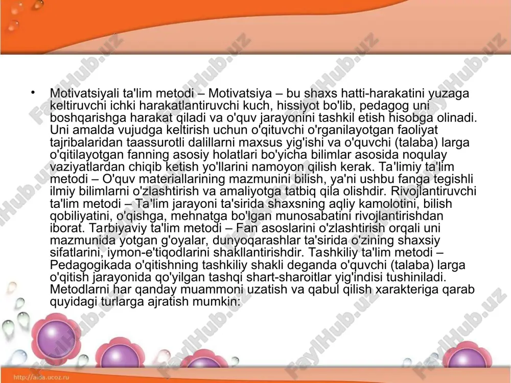 ashtirishga ehtiyoj uyg'otadi, darsga befarqlik, loqaydlikni yo'qotib, bilim olish maqsadini hosil qiladi. o'quv materialini tushuntirish – o'qituvchining masala, qonun-qoidalarini doskaga yozishdan, tajriba ko'rsatishdan keng foydalangan holda izchillik bilan bayon qilishidir. tushuntirishda asosiy o'rinni isbotlash, mulohaza qilish egallaydi. bu esa o'quvchilarning o'quv materialini osonlik bilan o'zlashtirib olishlariga, mustaqil fikr yuritishlariga zamin tayyorlaydi. maktab ma'ruzasi. maktab ma'ruzasi asosan yuqori sinflarda qo'llaniladi. ma'ruza jarayonida mavzu sidirg'a bayon qilinsa ham, o'quv materialini og'zaki bayon qilish metodining boshqa turlari, xususan hikoya qilish va tushuntirishlardan ham foydalanish mumkin. maktab ma'ruzasi – bir soatlik mashg'ulot davomida o'rganilayotgan mavzuning haqiqiy mohiyatini ochib berish, unda ilgari surilgan g'oyalar asosida ilmiy xulosalar chiqarish va ularni umumlashtirish asosida bilimlarni muayyan izchillikda bayon etishdir. suhbat – atroflicha o'ylangan savollar yordamida o'qituvchi bilan o'quvchilar orasidagi suhbatni ko'zda tutib, u o'quvchilarning fikrlash tizimini yangi tushunchalar va qonuniyatlarni o'zlashtirishga olib keladi. suhbat metodi aksariyat hollarda savol-javob metodi deb ham yuritiladi. chunki, ushbu metod asosida ta'lim …