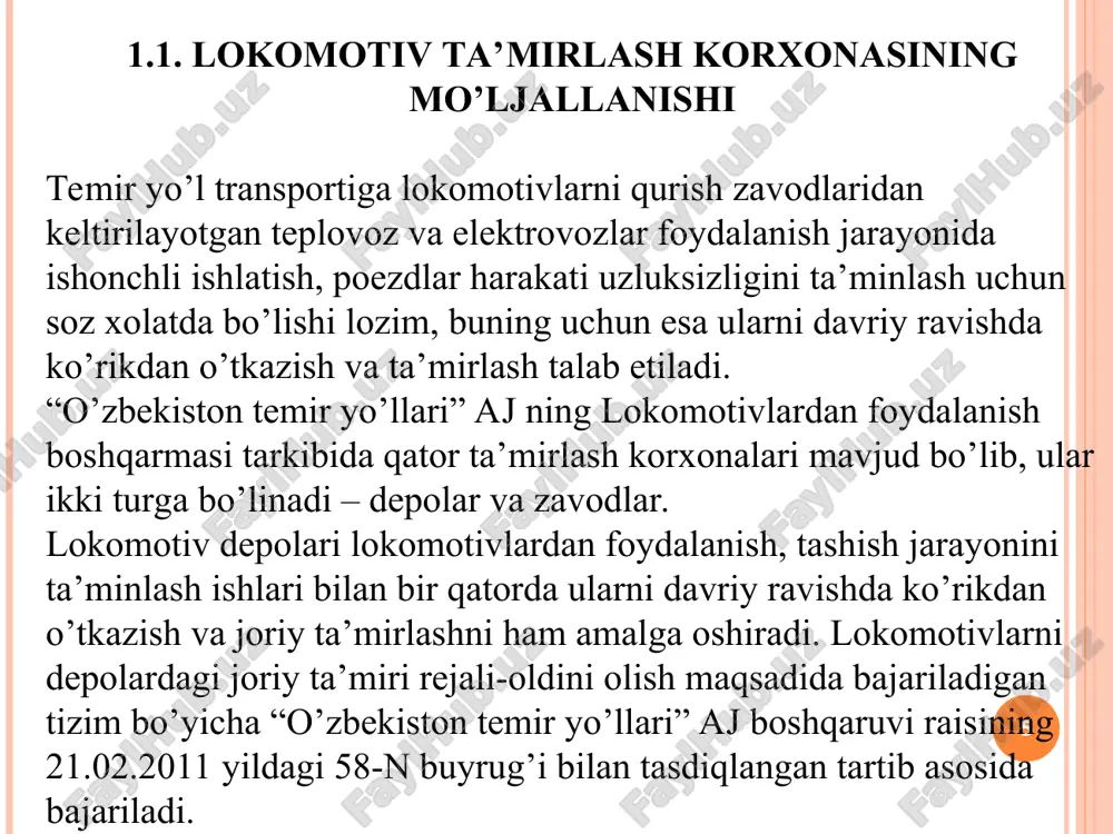 xi: -texnologik jizlar ta’mirini bajaradi; - harakat tarkiblari detal va uzellarini ishlab chiqaradi; -yuk ko’tarish mexanizmlari uchun ilish moslamalarini tayyorlaydi; -buyurma bo’yicha nostandart jihozlar tayyorlaydi. rezina-texnik uchastkasi harakat tarkiblari va sanoat uchun barcha turdagi rezina-texnik mahsulotlar ishlab chiqaradi. mexanika va instrumental uchastkalari asboblar, moslamalar, matritsalar va mahsulotlarning boshqa turlarini tayyorlaydi. * sinov laboratoriyasi korxonada fizik-kimyoviy va buzmasdan sinash usullari bo’yicha texnik kompetentlikka akkreditatsiyalangan sinash laboratoriyasi (markazi) faoliyat yuritadi. akkreditatsiyalangan sinash laboratoriyasi (markazi) faoliyati akkreditatsiya sohasi: - qora va rangli metallarni sinash; - yoqilg’i-moylash materiallarini sinash; - elektr izolyatsiyalovchi materiallarni sinash; - metallar va qotilmalarni mexanik sinash. * yuk vagonlari ramalari va kuzovlari, shuningdek platformalarni diagnostika qilish va hizmat muddatini uzaytirish uchun markaz quyidagilarni bajarishga akkreditatsiyalangan: vizual-o’lchash usullari: -metall yaxlitligini aniqlash uchun; -payvandlangan birikmalar sifatini aniqlash uchun; -metall korroziyasini aniqlash uchun. ultratovushli usullar: -metall qalinligini aniqlash uchun; - metall yaxlitligini aniqlash uchun; - metall korroziyasini aniqlash uchun. metrologik hizmat o’lchash vositalarini …