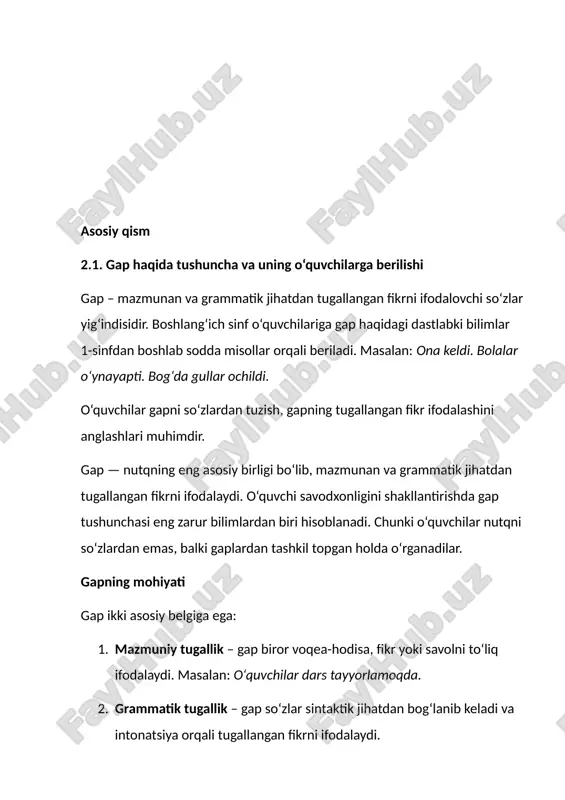 krini erkin bayon qilishga o‘rgatadi. 2.2. boshlang‘ich sinflarda gap ustida ishlash bosqichlari gap mavzusini o‘rgatishda quyidagi bosqichlarga amal qilinadi: 1. gapni nutqda ajratish va tanishish. 2. gap tuzish mashqlari. 3. gaplarning maqsadga ko‘ra turlarini o‘rganish (hikoya, so‘roq, buyruq, undov). 4. gapda bosh va ikkinchi darajali bo‘laklarni ko‘rsatish. 5. gapni kengaytirish va qisqartirish mashqlari. boshlang‘ich sinflarda gap ustida ishlash o‘quvchilarning nutqiy savodxonligini, grammatik bilimlarini mustahkamlash hamda to‘g‘ri fikrlash va yozish ko‘nikmalarini shakllantirishda asosiy o‘rin tutadi. gap mavzusini o‘rgatishda bosqichma-bosqichlik prinsipi muhimdir. quyida bu jarayonning asosiy bosqichlari keng yoritiladi: 1. gapni nutqda ajratish va gap tushunchasini shakllantirish · boshlang‘ich sinflarda dastlab gap nima ekanligi oddiy, hayotiy misollar asosida tushuntiriladi. · o‘qituvchi o‘quvchilarga gapning mazmun jihatdan tugallangan fikrni bildirishi va oxirida tinish belgisi qo‘yilishi haqida misollar orqali tushuntiradi: · quyon sakradi. · maktab ochildi. · o‘quvchilar gapni so‘zlardan ajratishni, gapning bosh harf bilan boshlanishini va oxirida nuqta, so‘roq yoki undov belgisi qo‘yilishini kuzatadilar. …
