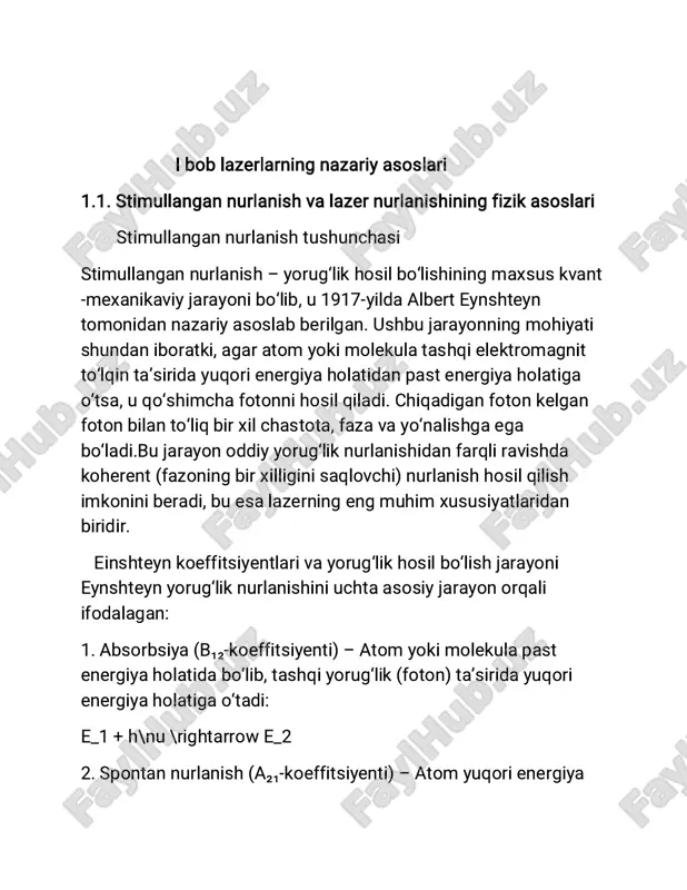 ism yoki yarimo‘tkazgich shaklida bo‘lishi mumkin. 2. nasoslash tizimi – faol muhitdagi atomlarni yuqori energiya holatiga olib chiqadigan energiya manbai. u optik nurlanish, elektr toki yoki kimyoviy reaksiya yordamida amalga oshirilishi mumkin. 3. optik rezonator – ikkita qarama-qarshi o‘rnatilgan ko‘zgulardan iborat bo‘lib, fotonlarni qayta-qayta akslantirish orqali stimullangan nurlanishni kuchaytiradi. bitta ko‘zgusi yarim shaffof bo‘lib, u orqali lazer nuri chiqadi. lazerning ishlash prinsipi lazerning ishlash bosqichlari quyidagilardan iborat: 1. nasoslash (energiyalash) .nasoslash tizimi faol muhitga energiya yetkazadi.atomlar yuqori energiya sathiga o‘tadi va populyatsiya inversiyasi hosil bo‘ladi. 2. stimullangan nurlanish. yuqori energiyali atomlarga tashqi foton ta’sir etadi.atomlar past energiya holatiga qaytib, qo‘shimcha foton chiqaradi. 3. optik rezonator orqali kuchaytirish. fotonlar ko‘zgular orasida akslanadi va stimullangan nurlanishni kuchaytiradi.yarim shaffof ko‘zgudan kuchaytirilgan lazer nurlari chiqadi. lazerlarning turlari va ularning xususiyatlari lazerlar ishlash muhitiga ko‘ra quyidagi turlarga bo‘linadi: 1. qattiq jismli lazerlar. faol muhit sifatida kristallar yoki shishalardan foydalaniladi (masalan, rubi va nd:yag lazerlari). yuqori …