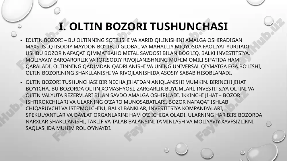 nvestitsiya va moliyaviy qarorlarni to‘g‘ri qabul qilish imkonini yaratadi. shu nuqtai nazardan, oltin bozori ishtirokchilari bozorning asosiy ustunlari sifatida qaraladi. iii. oltin bozori ishtirokchilarining roli va vazifalari oltin bozori ishtirokchilari bozorning samarali ishlashi va narxlarning barqarorligini ta’minlashda muhim ahamiyatga ega. har bir ishtirokchi o‘zining roli va vazifalariga ega bo‘lib, bozordagi jarayonlarni shakllantirishga hissa qo‘shadi. ushbu bo‘limda oltin bozori ishtirokchilarining asosiy roli va bajaradigan vazifalari batafsil tahlil qilinadi. 1. ishlab chiqaruvchilarning roli va vazifalari oltin ishlab chiqaruvchilar – bu bozorning asosiy yetkazib beruvchilari hisoblanadi. ularning roli oltin xomashyosini qazib olish, uni qayta ishlash va bozorda taklif sifatida taqdim etishda namoyon bo‘ladi. ishlab chiqaruvchilar quyidagi vazifalarni bajaradi: oltin ishlab chiqarish hajmini belgilash va bozordagi taklifni nazorat qilish; sifatli va sertifikatlangan mahsulot yetkazib berish orqali ishonchli savdo tizimini ta’minlash; bozor narxlariga ta’sir ko‘rsatadigan iqtisodiy va texnologik yangiliklarni joriy etish 2. vositachilar va distribyutorlarning roli va vazifalari vositachilar va distribyutorlar ishlab chiqaruvchi va iste’molchi …