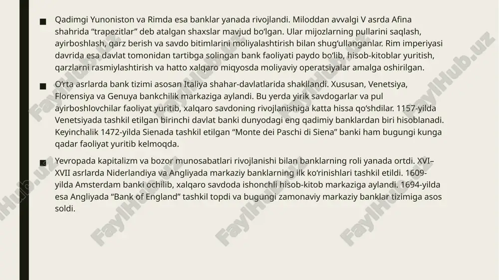 tlar ishlab chiqarishni kengaytirish, tadbirkorlikni rivojlantirish, uy-joy va iste’mol ehtiyojlarini qondirishga xizmat qiladi. kreditlash jarayoni banklarning asosiy daromad manbai hisoblanadi. 3. hisob-kitob va to‘lovlarni amalga oshirish banklar mijozlar o‘rtasida pul o‘tkazmalari, hisob-kitob operatsiyalari, naqd pulsiz to‘lovlarni amalga oshiradi. bu orqali savdo-sotiq jarayonlari tezlashadi, pul aylanishi samarali tashkil etiladi. zamonaviy banklar plastik kartalar, internet-banking va mobil ilovalar orqali ham to‘lov xizmatlarini ko‘rsatadi. 4. emissiya va pul muomalasini tartibga solish markaziy bank milliy valyutani emissiya qiladi (pul chiqaradi). tijorat banklari esa naqd va naqd pulsiz muomalada vositachi bo‘lib xizmat qiladi. bu funksiyaning samarali bajarilishi inflyatsiyani nazorat qilish va moliyaviy barqarorlikni saqlashga yordam beradi. 5. investitsiya funksiyasi banklar investitsiya loyihalarini moliyalashtiradi. yirik sanoat korxonalari, infratuzilma loyihalari, kichik biznes va startaplarga mablag‘ yo‘naltiradi. bu iqtisodiyotning tarkibiy o‘sishi va yangi ish o‘rinlarining yaratilishiga zamin yaratadi. 6. valyuta va xalqaro moliyaviy operatsiyalar banklar xorijiy valyuta bilan operatsiyalar o‘tkazadi, xalqaro to‘lovlarni amalga oshiradi. akkreditiv, inkasso, chet el …