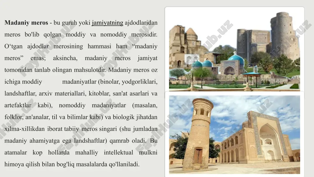 arni mustahkamlaydi, turli xalqlar o‘rtasida o‘zaro hurmat va bag‘rikenglikni kuchaytiradi. unesco tomonidan jahon ahamiyatiga ega moddiy va nomoddiy meros obyektlarini saqlash hamda targ‘ib qilish bo‘yicha maxsus dasturlar ishlab chiqilgan. bu dasturlar yordamida ko‘plab qadimiy yodgorliklar va an’analar xalqaro ro‘yxatga kiritilib, ularni asrab-avaylash yo‘lida muhim ishlar amalga oshirilmoqda. o‘zbekiston hududi ham madaniy merosga nihoyatda boy. bu yerda qadimiy shaharlar, tarixiy inshootlar, noyob qo‘lyozmalar bilan bir qatorda xalq og‘zaki ijodining turfa xazinasi mavjud. o‘zbek xalqining milliy raqslari, musiqasi, adabiy merosi va urf-odatlari xalqaro maydonda e’tirof etilgan. bu esa bizning xalqimizning o‘ziga xos o‘rni va tarixiy ahamiyatini ko‘rsatadi. 14 madaniy meros orqali barqaror turizmni rivojlantirish imkoniyatlari barqaror turizm madaniy merosni asrash bilan birga, mahalliy aholi uchun iqtisodiy foyda keltiradigan va atrof-muhitga salbiy ta'sirni kamaytiradigan yondashuvdir. 01 meros ob'ektlarini saqlash har bir sayyohlik joyi uchun ehtiyotkorlik bilan boshqarish rejasini ishlab chiqish va joriy qilish. sayyohlar sonini nazorat qilish va ularning ob'ektlarga zarar yetkazishini oldini …